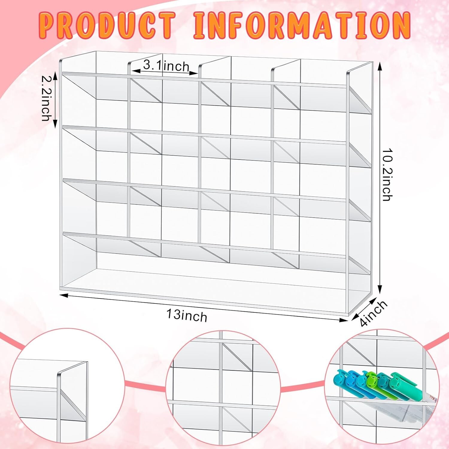 Acrylic Pen Organizer for Desk, Vertical Marker & Pencil Holder (13 x 4 x 10.2″)