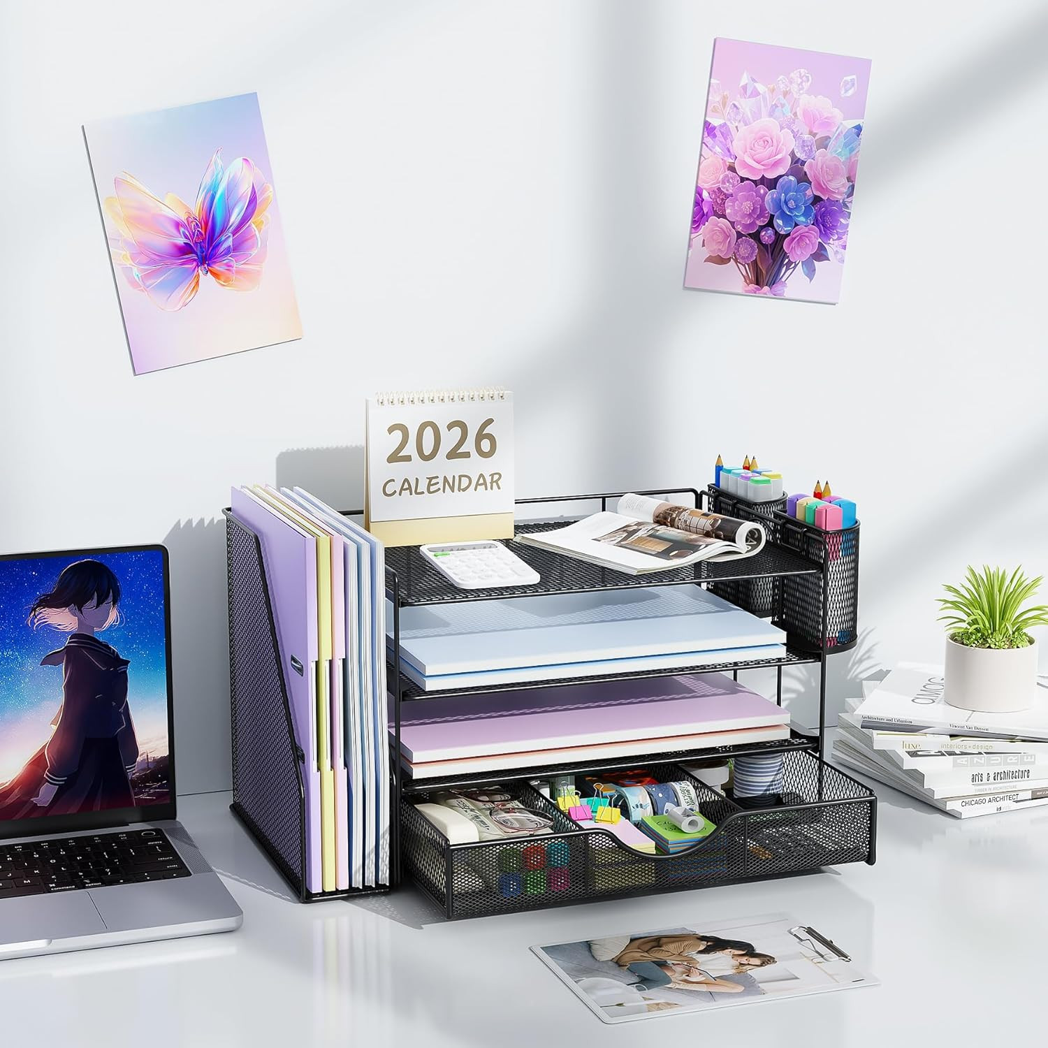 Desk Organizers and Accessories with File Holder, 4-Tier Desk Accessories & Work