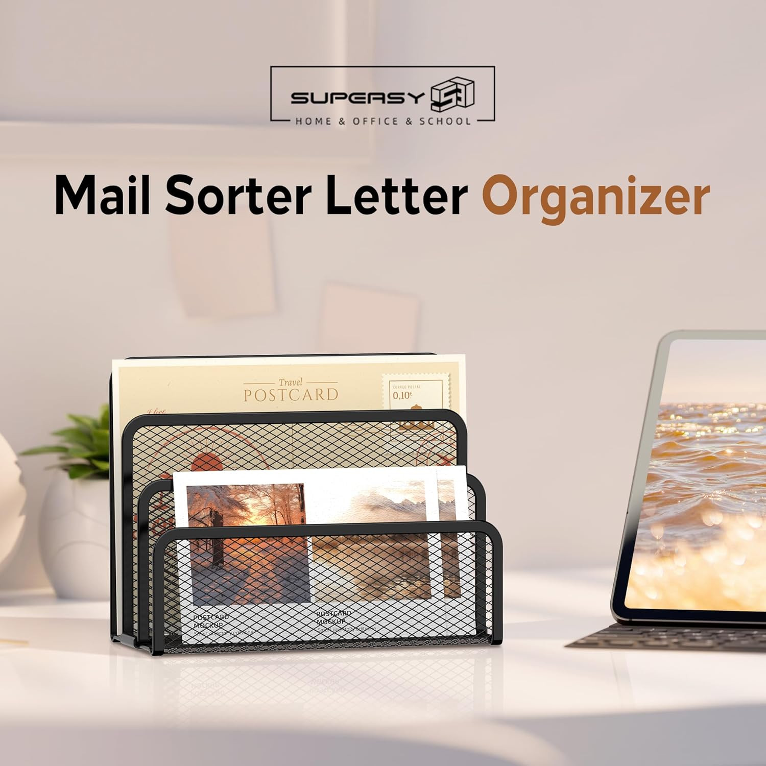 SUPEASY Mail Organizer for Desk, Mesh Metal Mail Holder Countertop with 3-Slot,