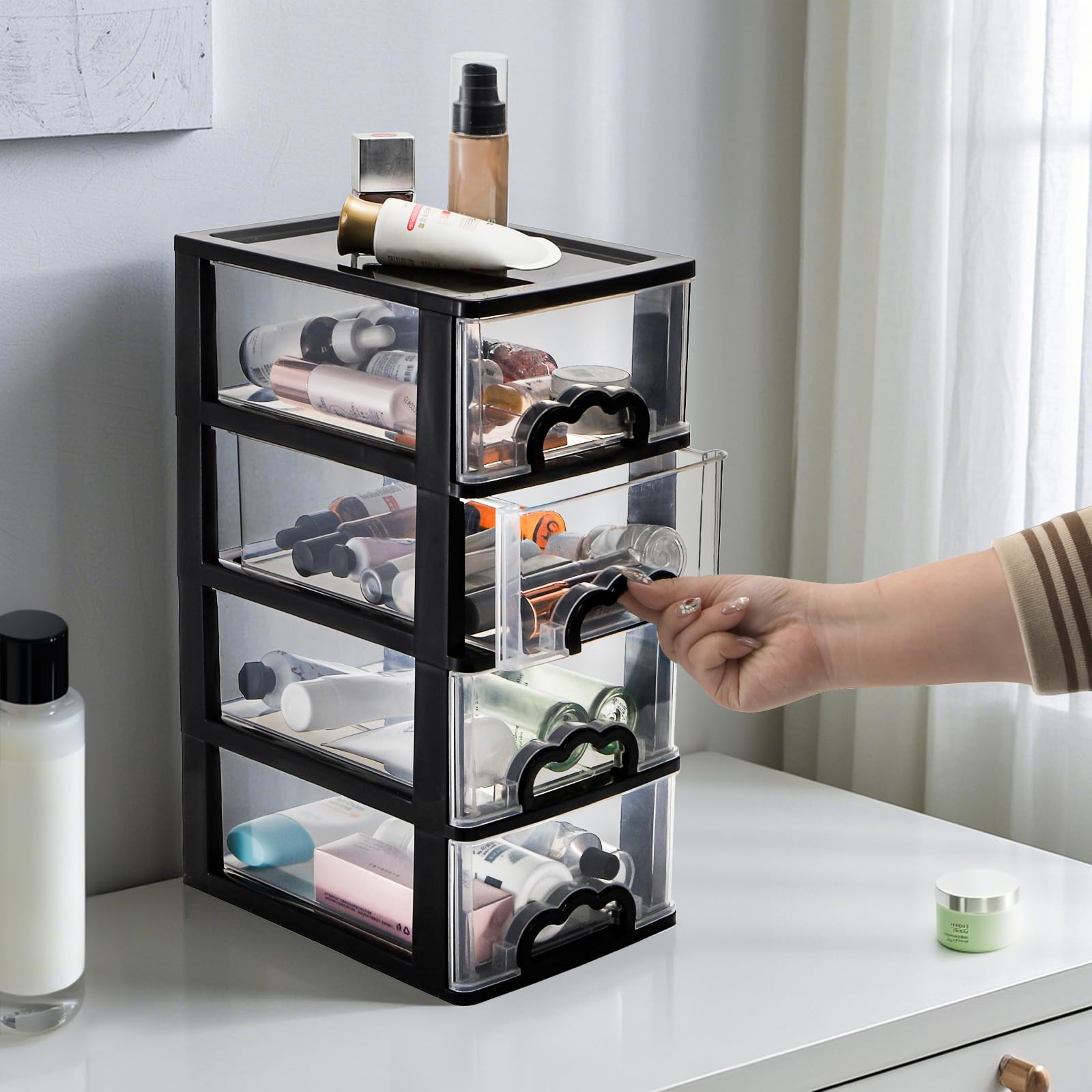 Desktop Organizer with 4 Drawers, Clear Plastic Storage Drawer Unit, Small De…