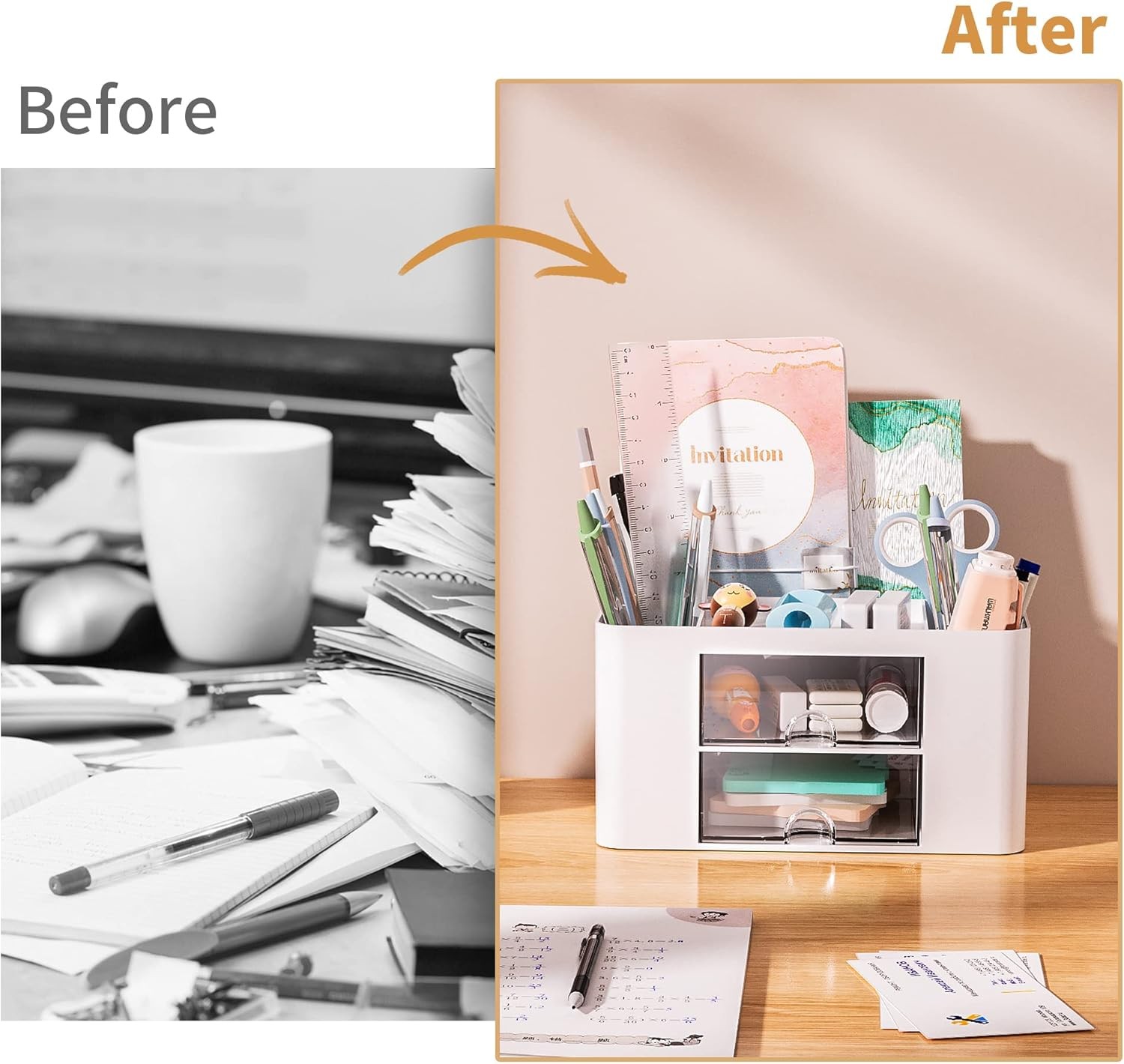Marbrasse Pen Organizer with 2 Drawer, Multi-Functional Pencil Holder for Desk,