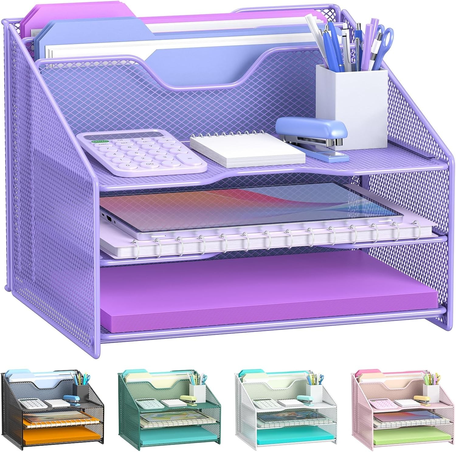Compact Purple Desk File Organizer: 3-Tier and Vertical Holder for Office Use