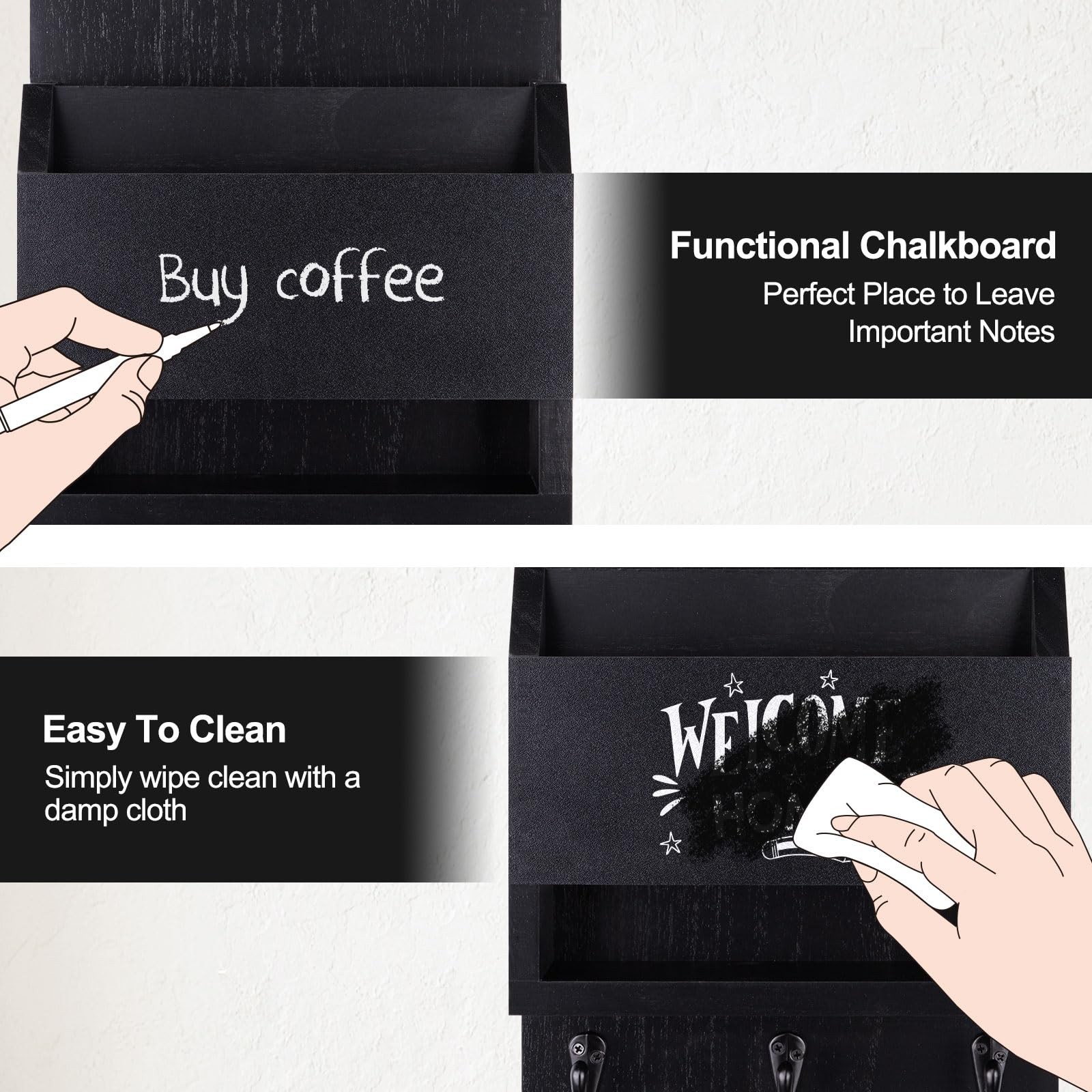 Black Key Mail Holder Wall Mount Chalkboard Storage Box 3 Hooks Organizer