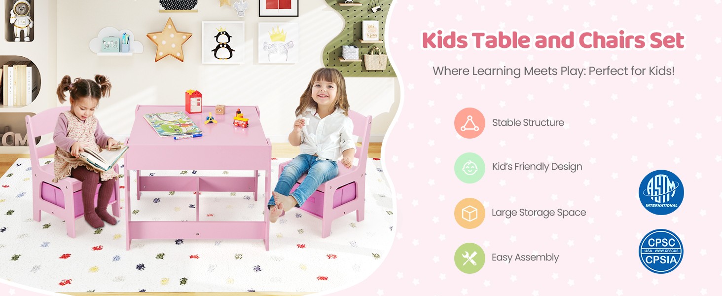 Kids Table and Chair, 3 in 1 Wooden Kids Table with Stora Der,
