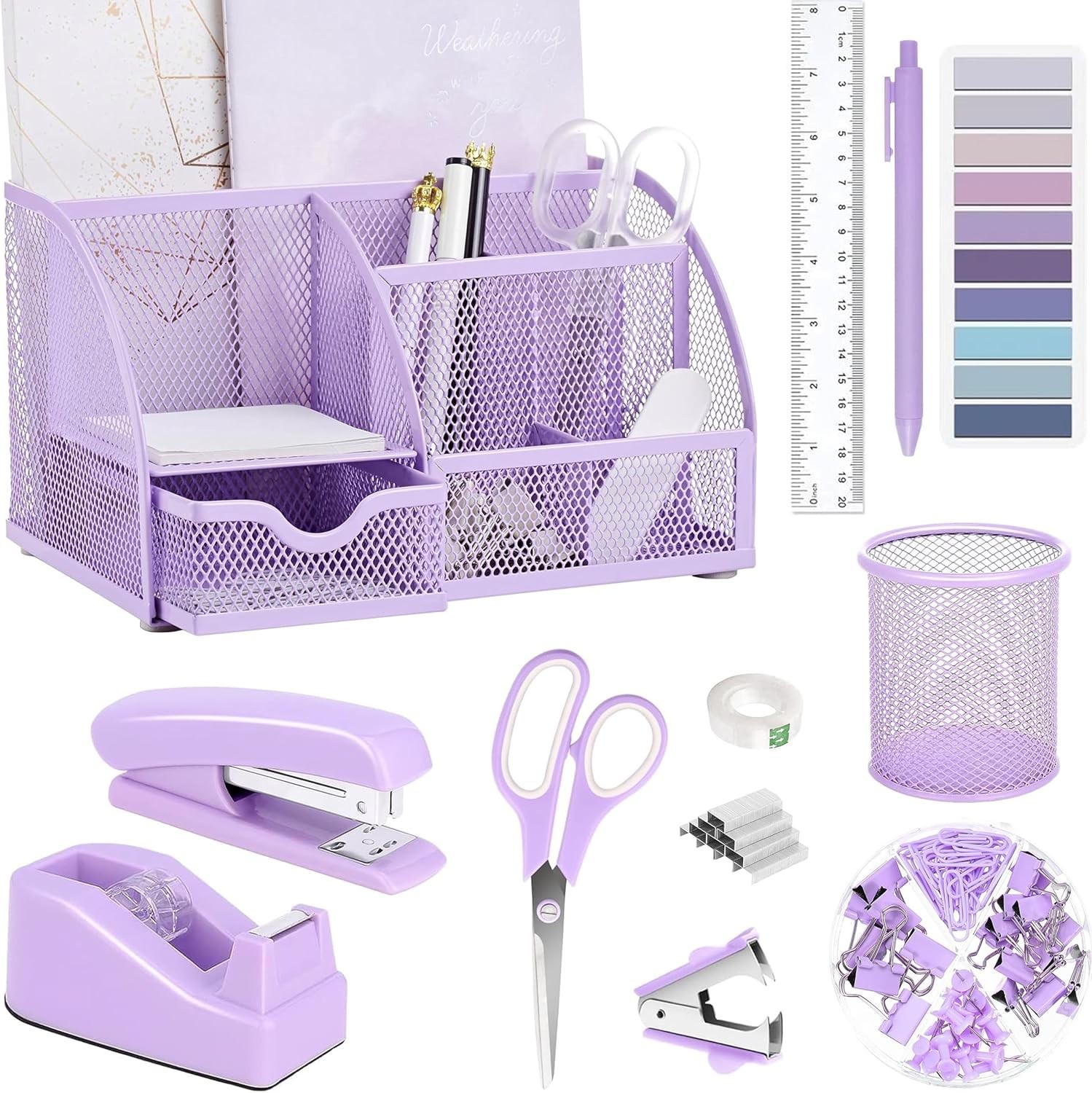 Purple Office Desk Accessories Supplies, 12pcs Desk Organizers and Accessorie…