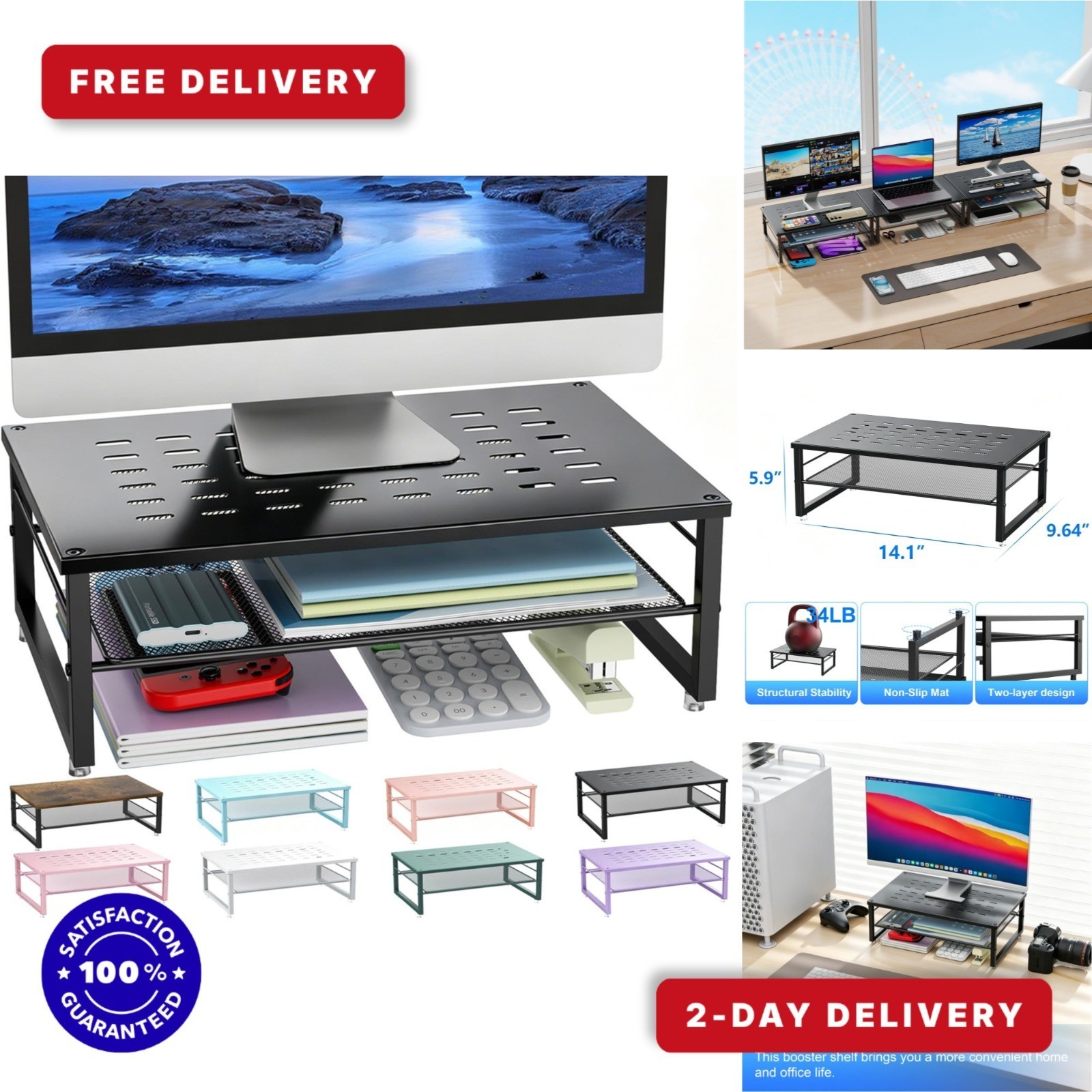 gianotter Desk Organizer – 2-Tier Metal Monitor Stand Riser, Black