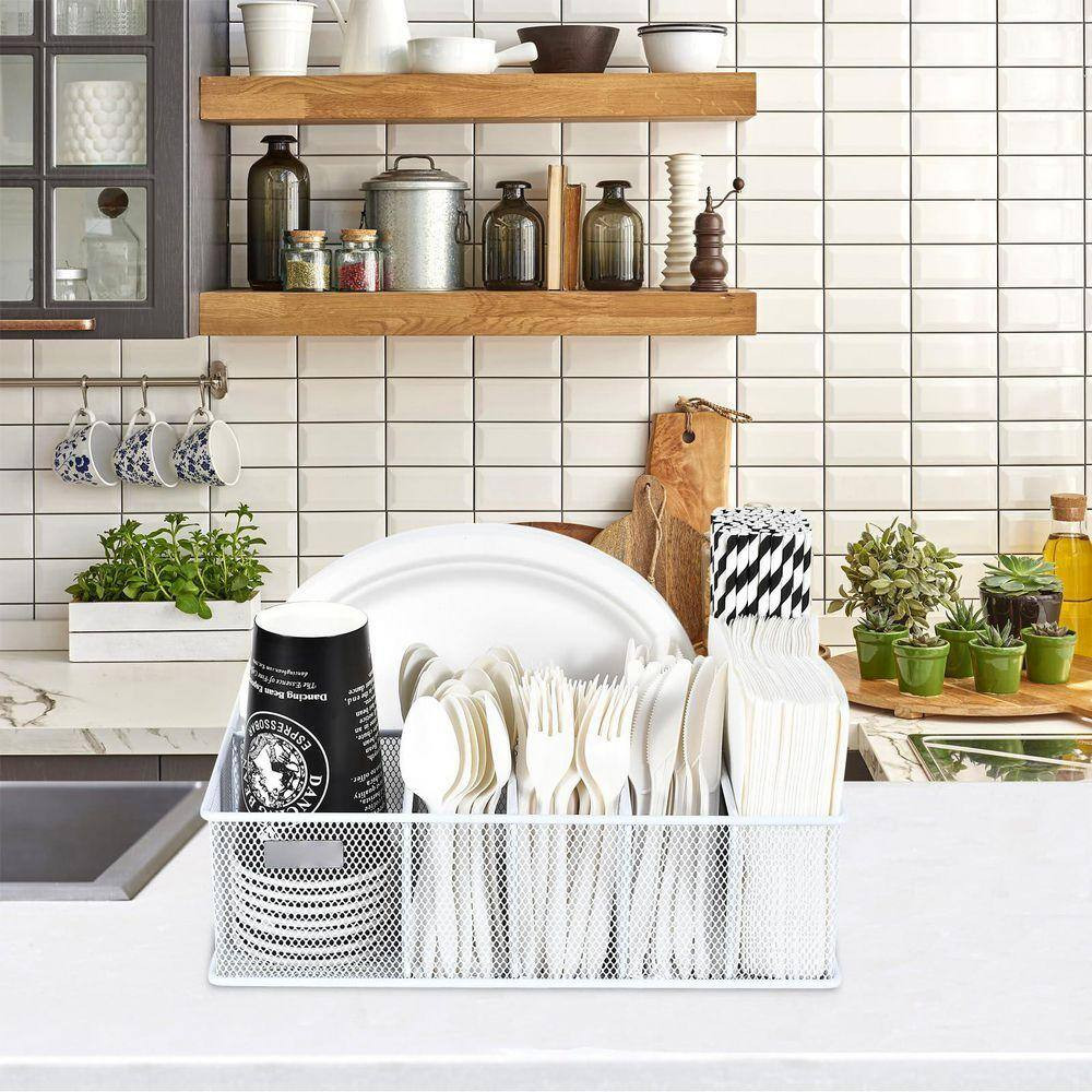 White Metal Paper Plate Organizer with 6 Compartments for Cups, Utensils, Napkin