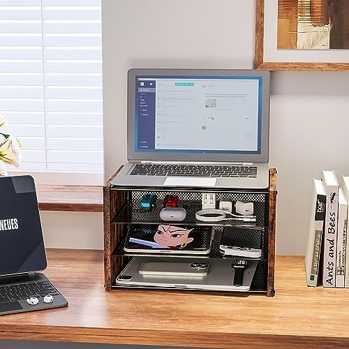 3-Tier Paper Organizer Letter Tray, Wooden Desk File Organizer, Stackable Metal