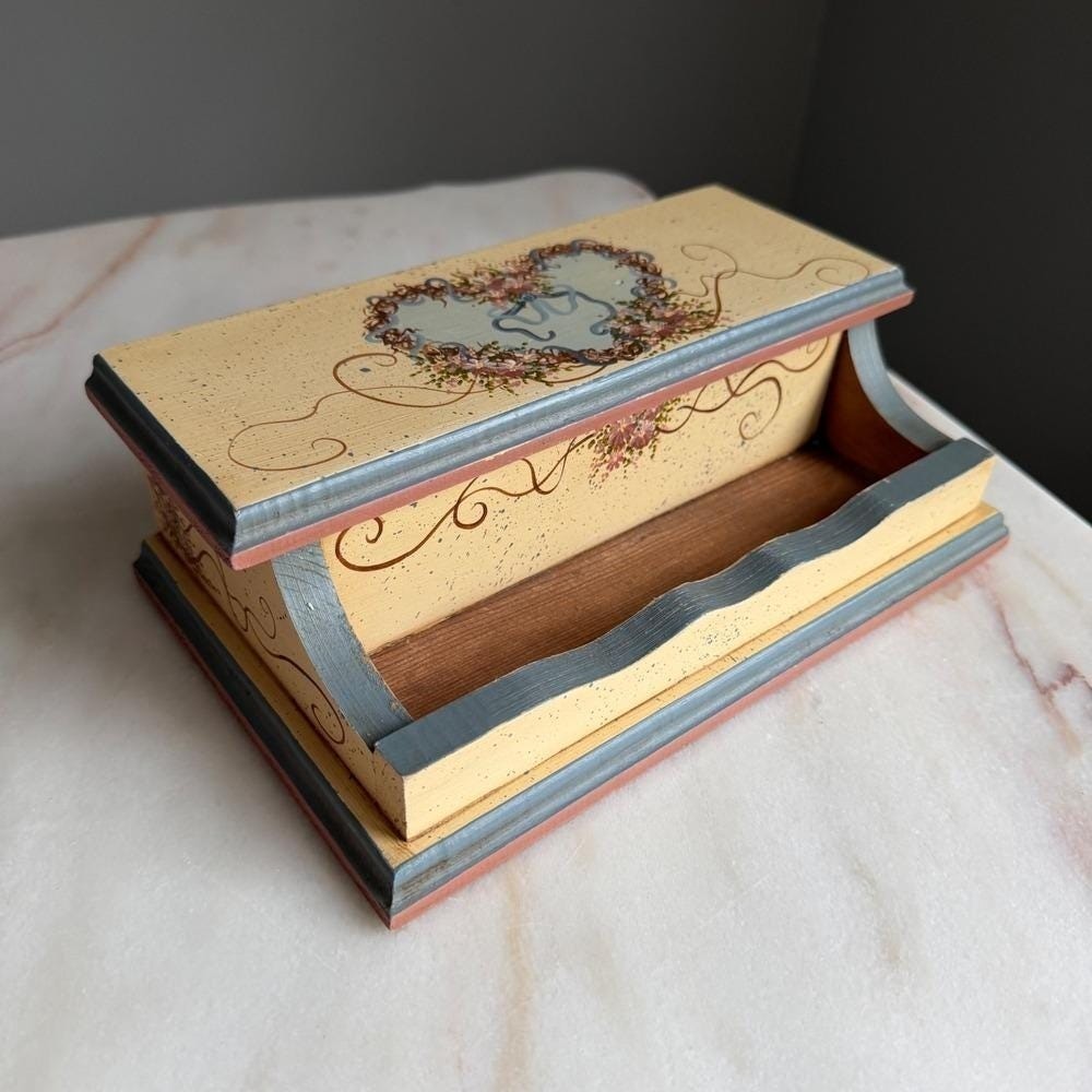 Vintage C Hawkins 1989 Hand Painted Wooden Desk Organizer Stationery Box Floral