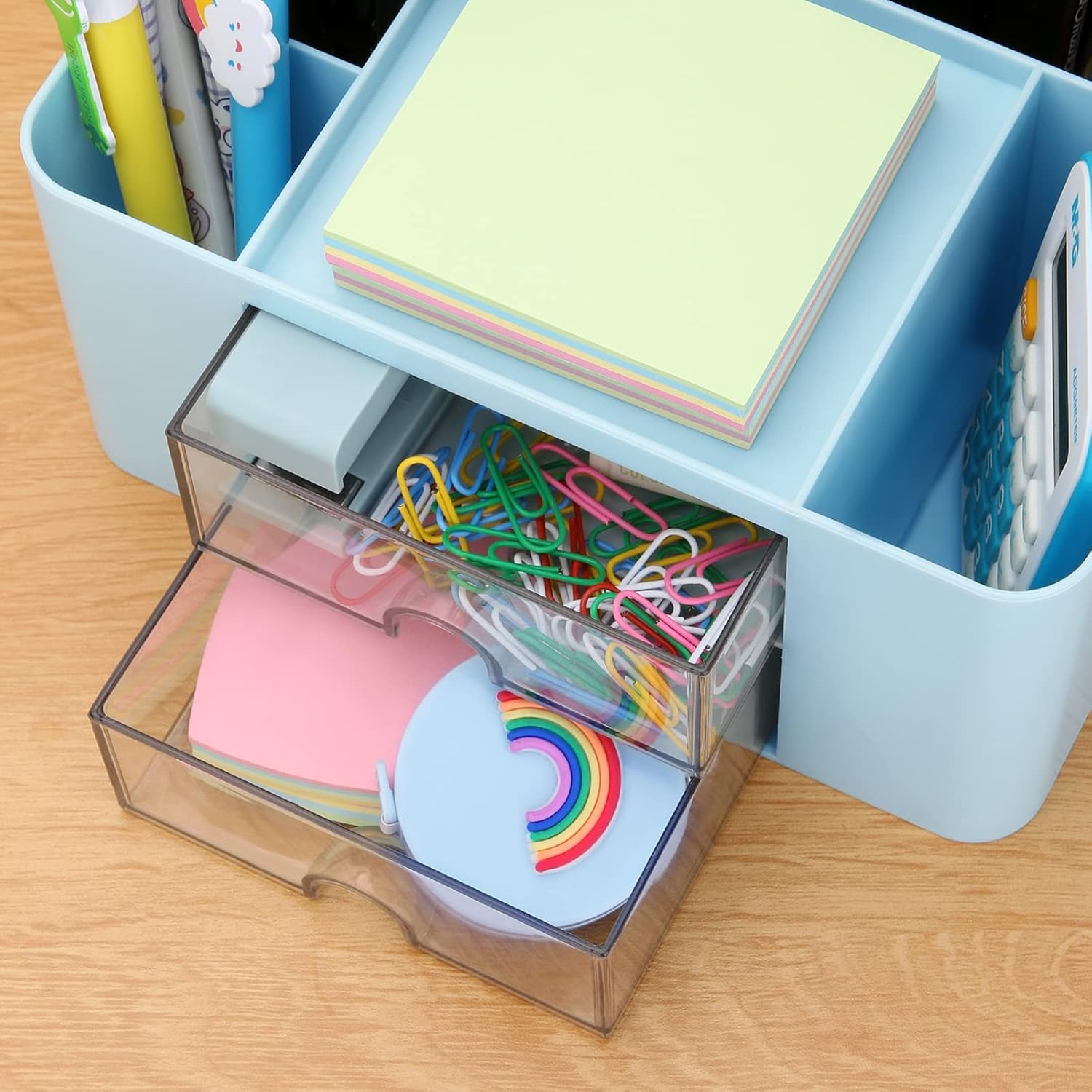 Desk Organizer with 2 Drawer, Plastic Desktop Pen Pencil Card Holder Storage Box