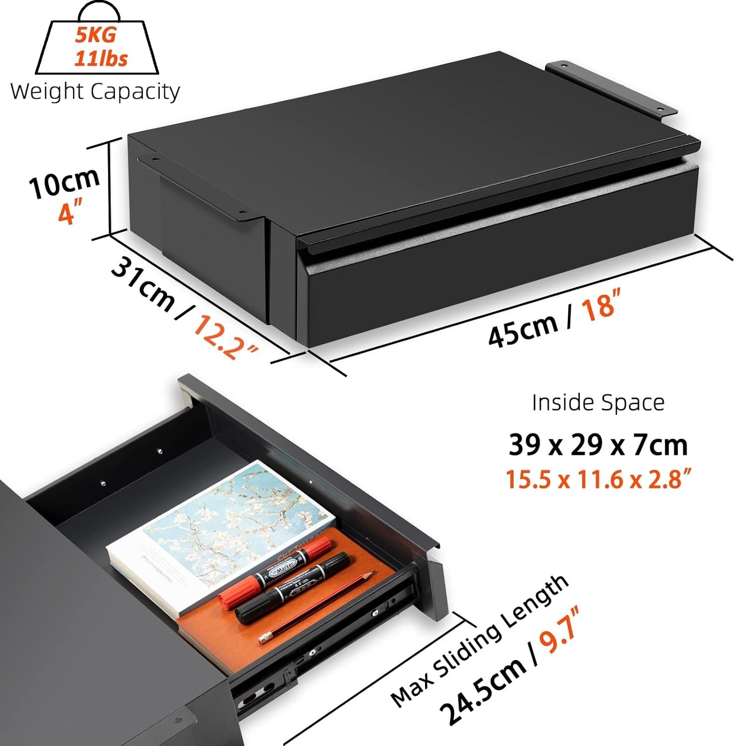 18” Under Desk Drawer with Large Slide and Cable Management: Black Metal Design
