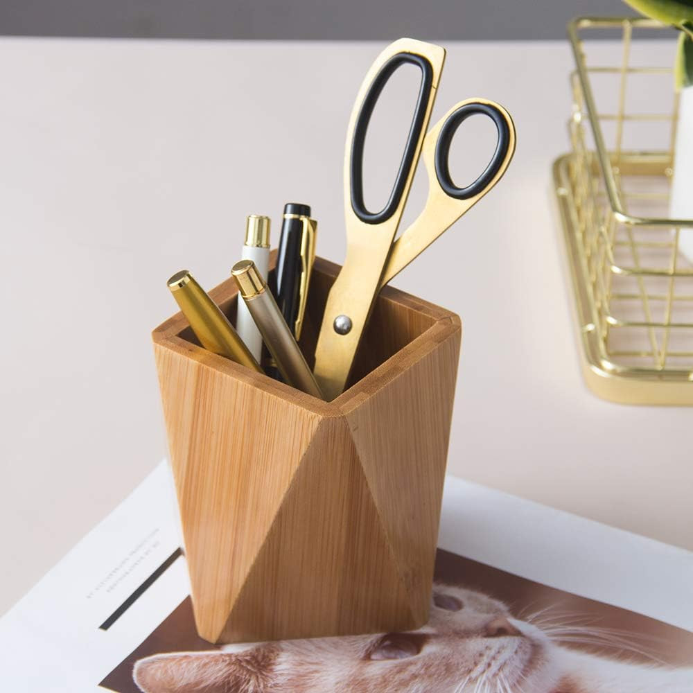 Bamboo Wood Pen Holder Stand for Desk Geometric Pencil Cup Pot Cute Desktop Offi