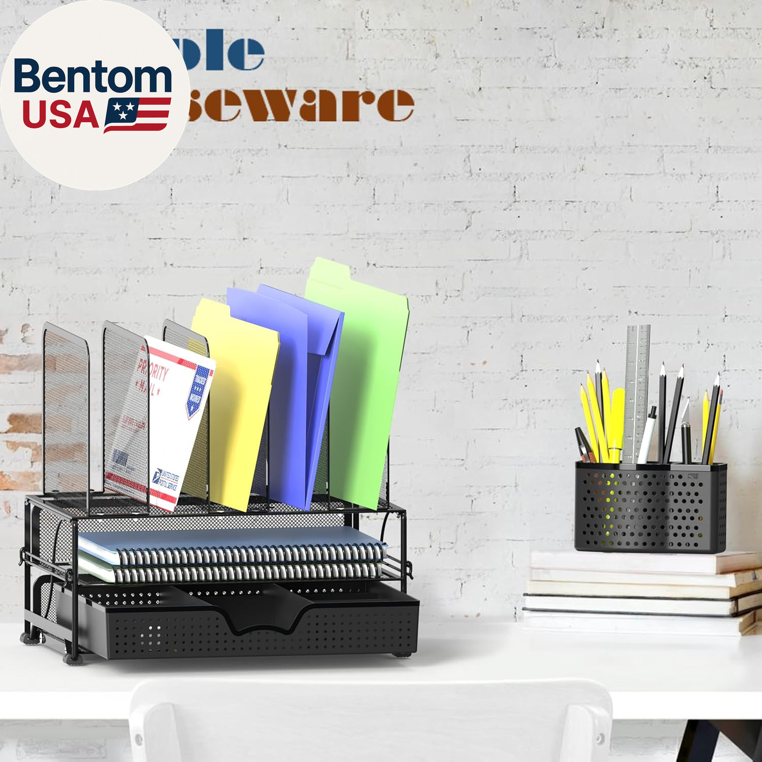Mesh Desk Organizer with Sliding Drawer, Double Tray and 5 Upright Sections, Bla