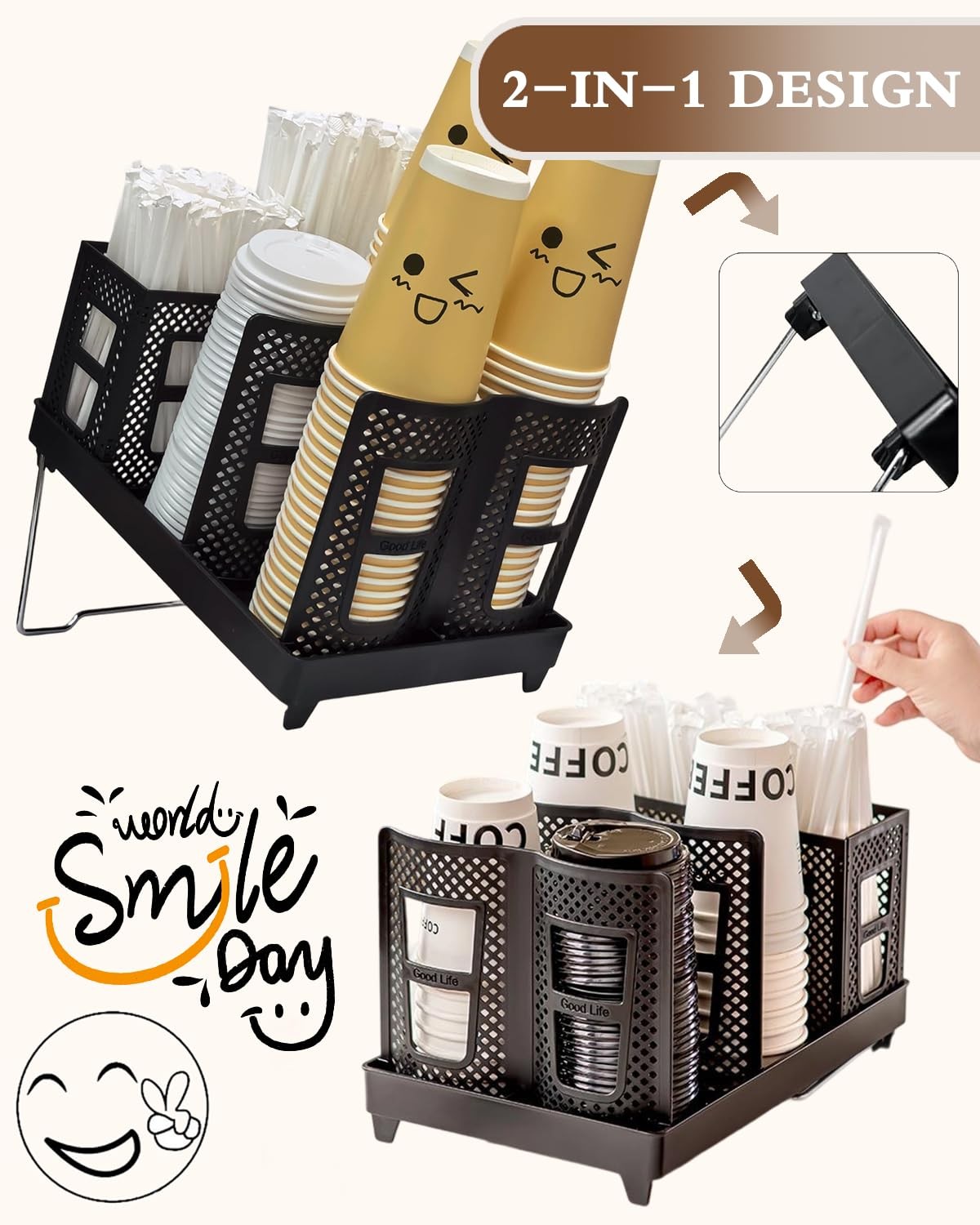 Coffee Cup Holder Organizer Unbreakable 2-IN-1 Paper and Lid BLACK