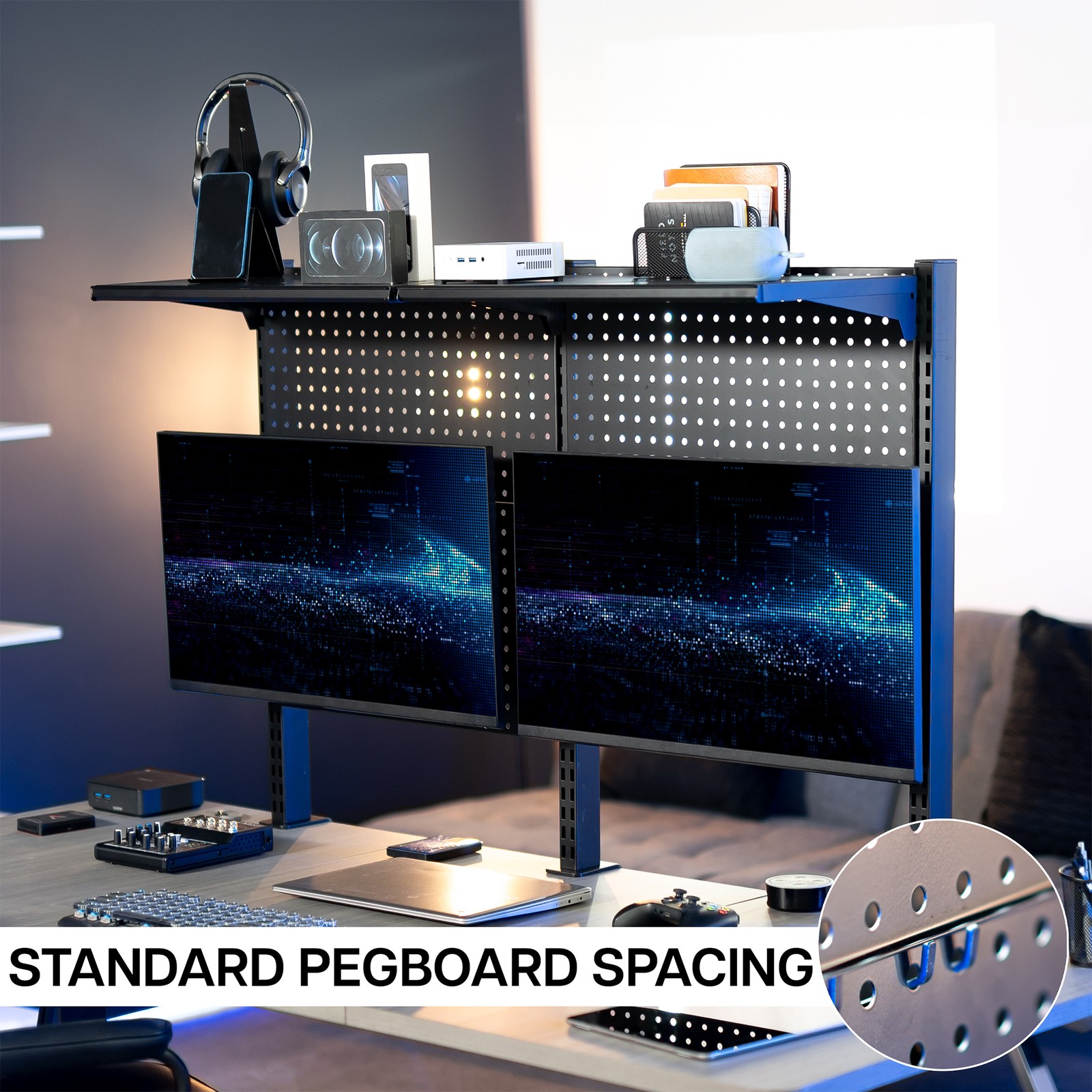 VIVO Black Steel Clamp-on 47″ Pegboard with Monitor Mounts & Overhead Shelf