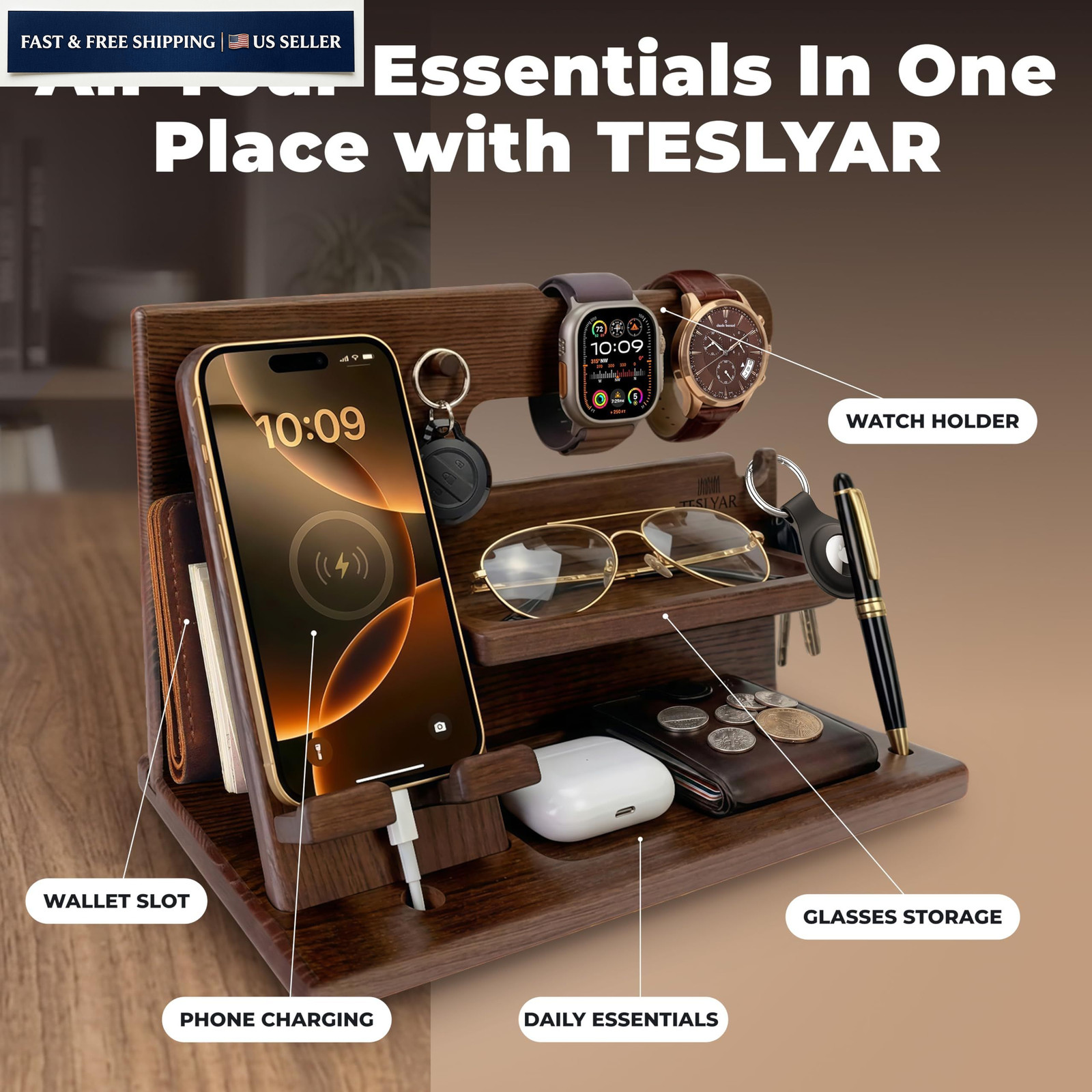 TESLYAR Wood Phone Docking Station for Men – Desk or Nightstand Bourbon Brown