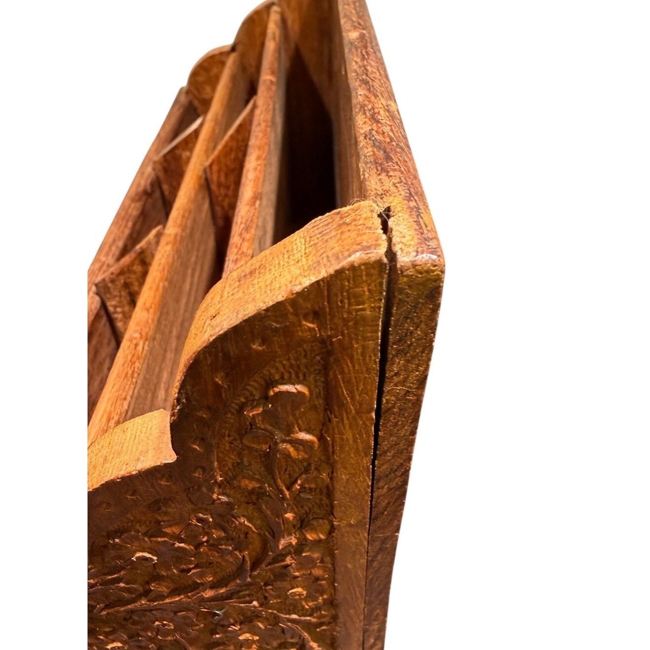 Vintage India Hand Carved Floral Wooden Mail Brass Inlay Organizer Letter Holder