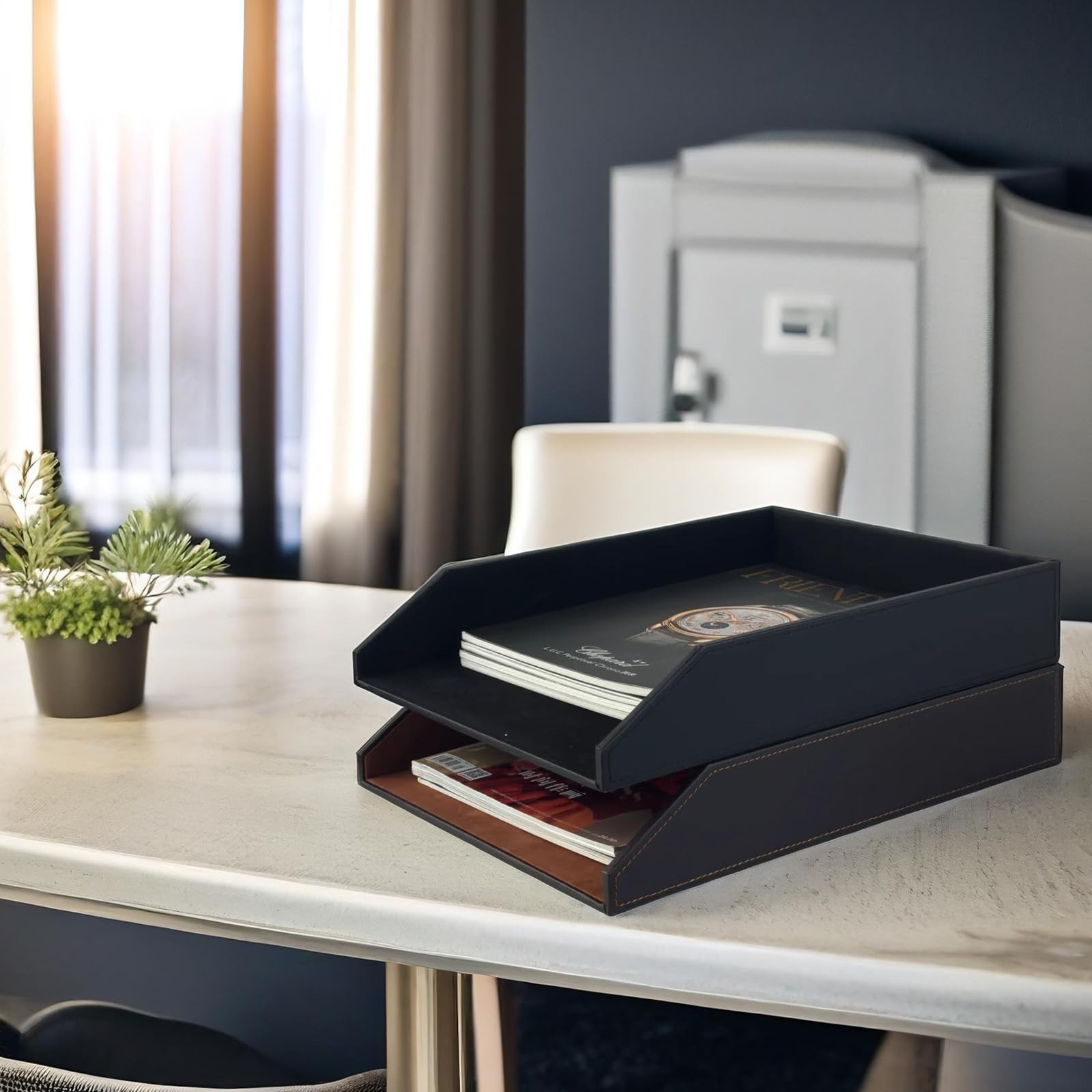 UnionBasic Stackable Document Paper Letter Tray, Faux Leather Desktop File So…