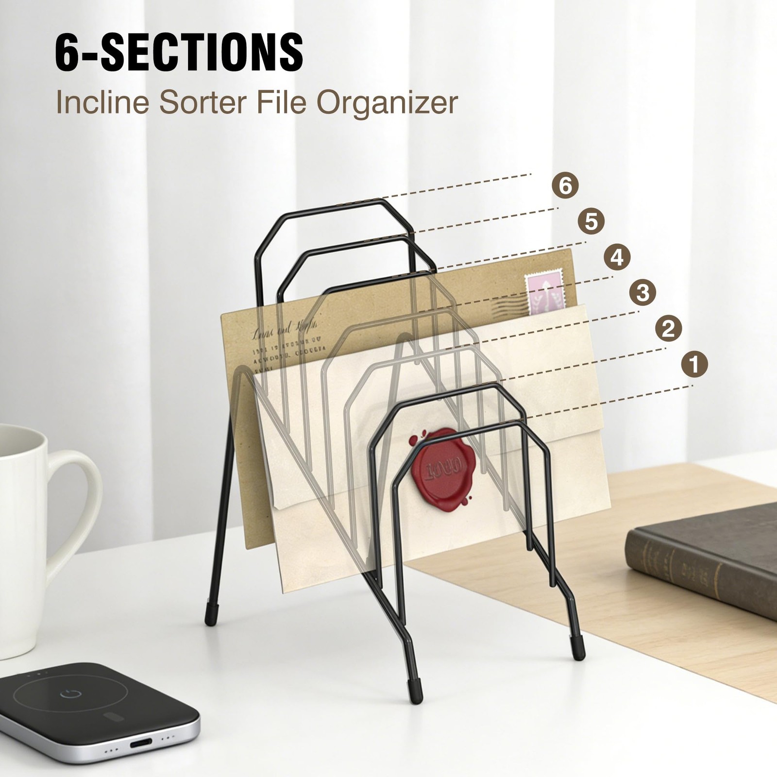 Incline Desk Organizer, Sorter Letter Organizer Rack with 6-Section Vertical …