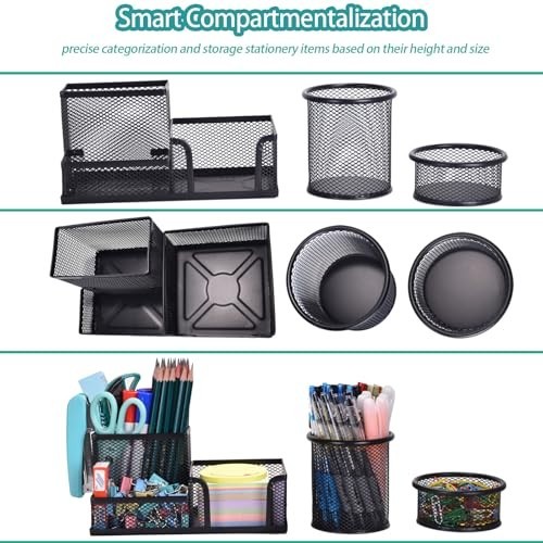 Mesh Desk Organizer Set of 3 – Pen Holder, Sticky Note Holder, Pencil Cup & Pape