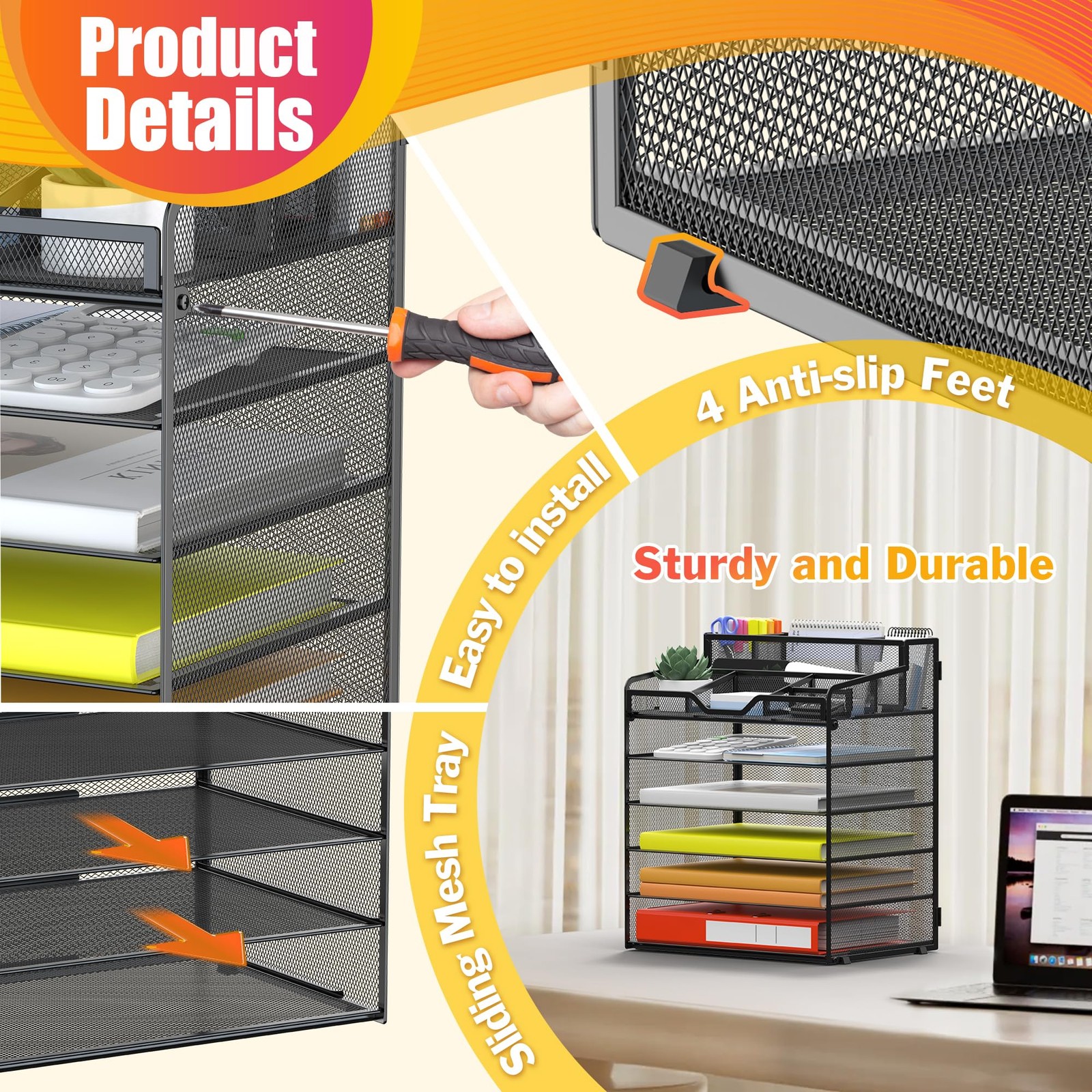 Mesh Desk Organizer, 6Tier Paper Tray with Pen Holders, Black