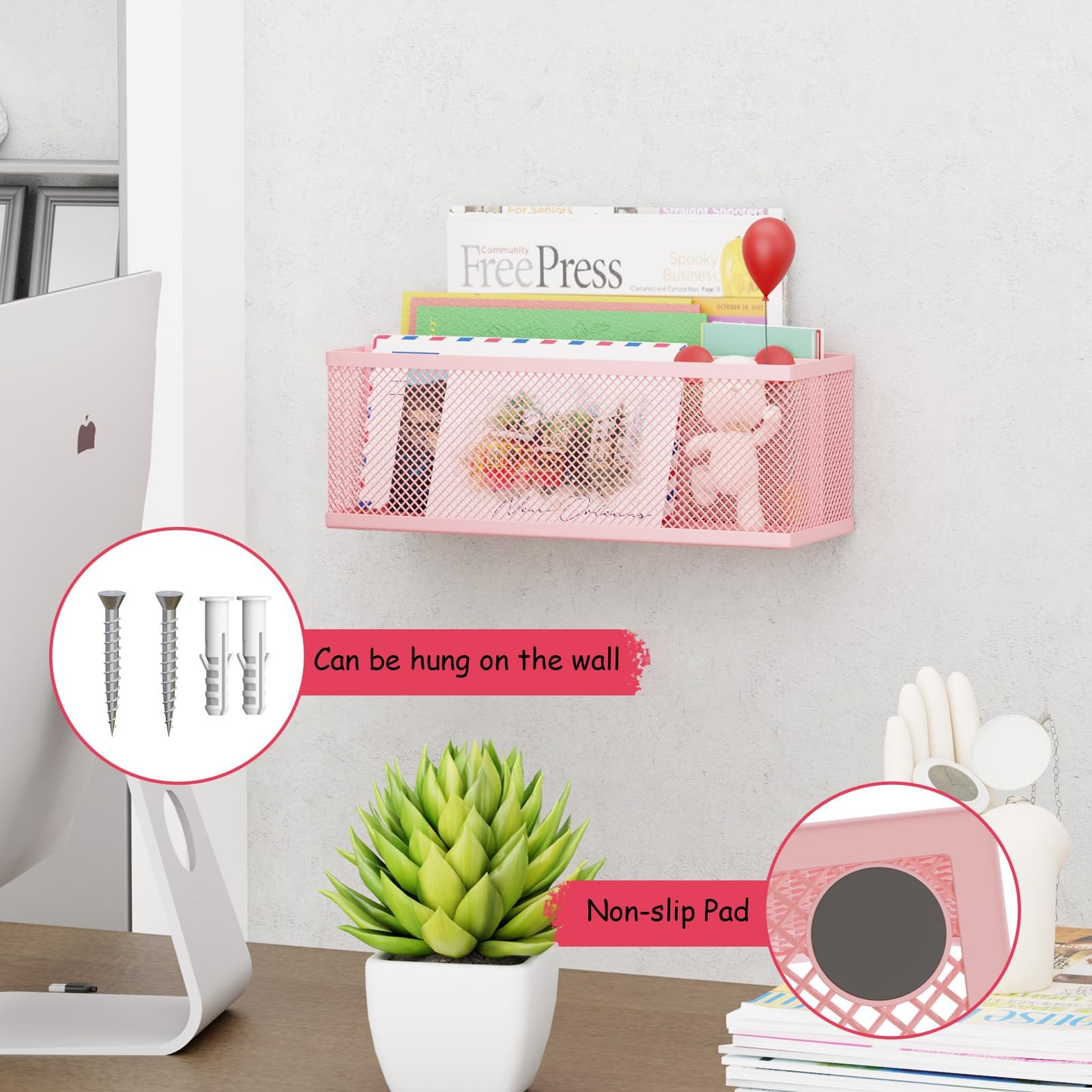Pink 2 Slot Desktop Mail Organizer Countertop Wall Mounted File Letter Sorter