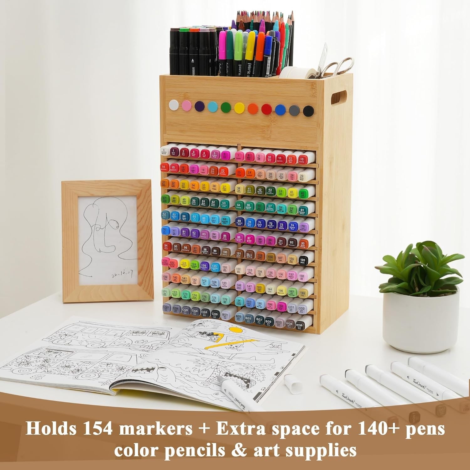 Marker Organizer for Desk – 154 Capacity Wooden Marker Holder – Ergonomic Han…