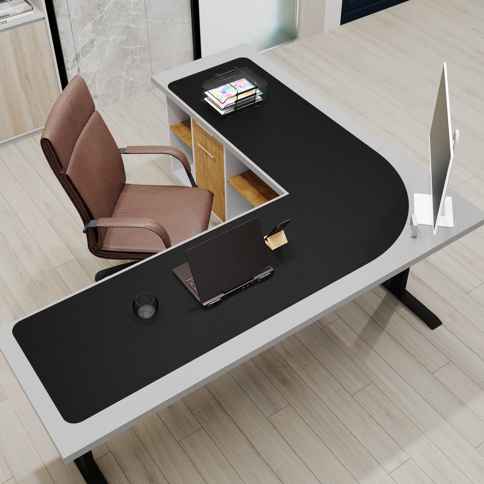 Mydours 57 X 57 X 20 L Shaped Desk Pad Black Extra Large Dual-Sided Pu Leather