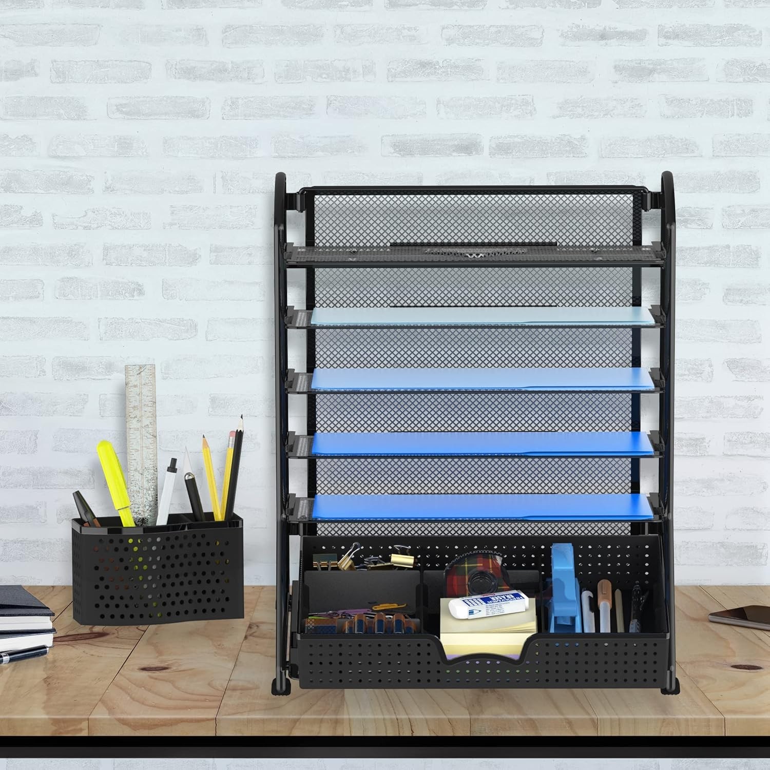 6-Tier Desk Document File Tray Organizer with Supplies Sliding Drawer, Black