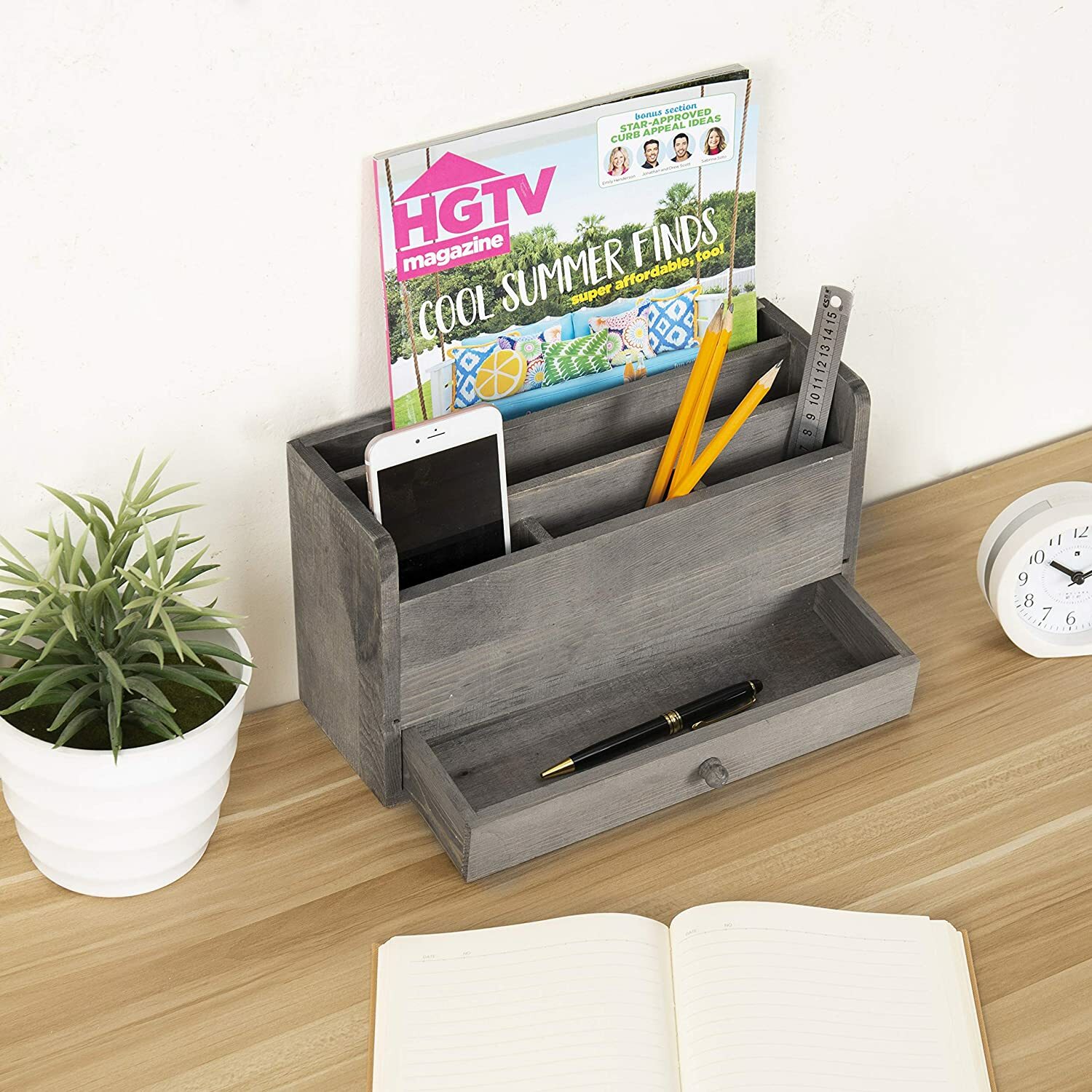 Rustic Gray Wood Desktop Office Document & Mail Organizer w/ Pull Out Drawer