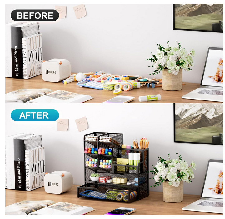 Marbrasse Mesh Pen Holder for Desk, Multi-Functional Pencil Organizer with Drawe