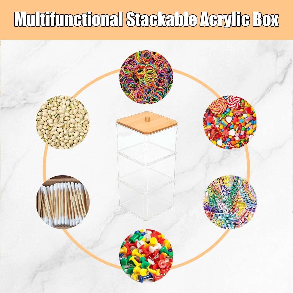 Clear Paper Clip Organizer with Bamboo Lid 3 Layer Desk Storage Holder