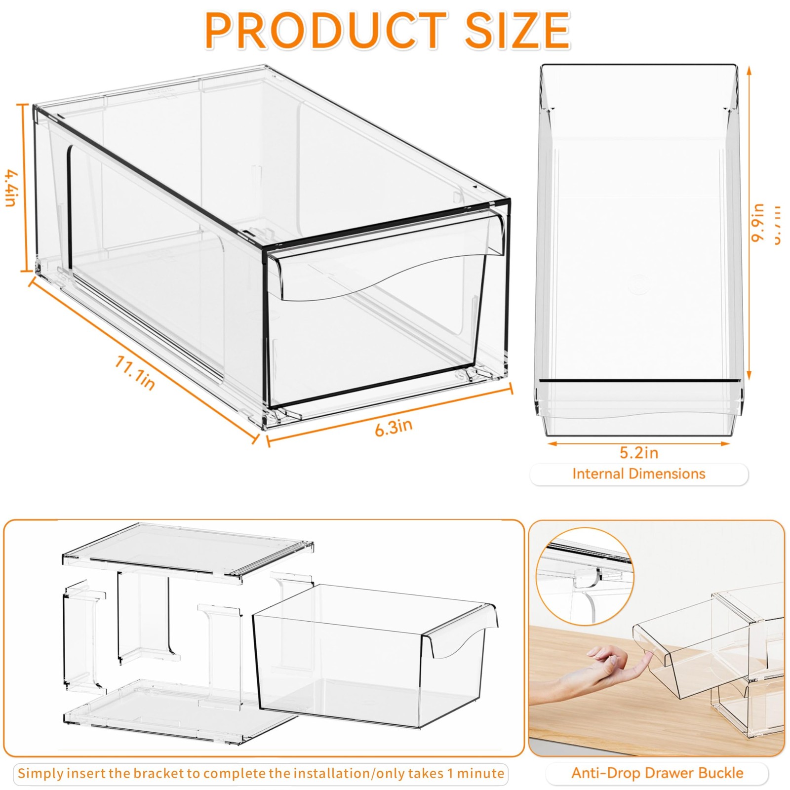 Yieach 4 Pack Clear Stackable Storage 4 PACK, Clear-6”x11”x4.4”High