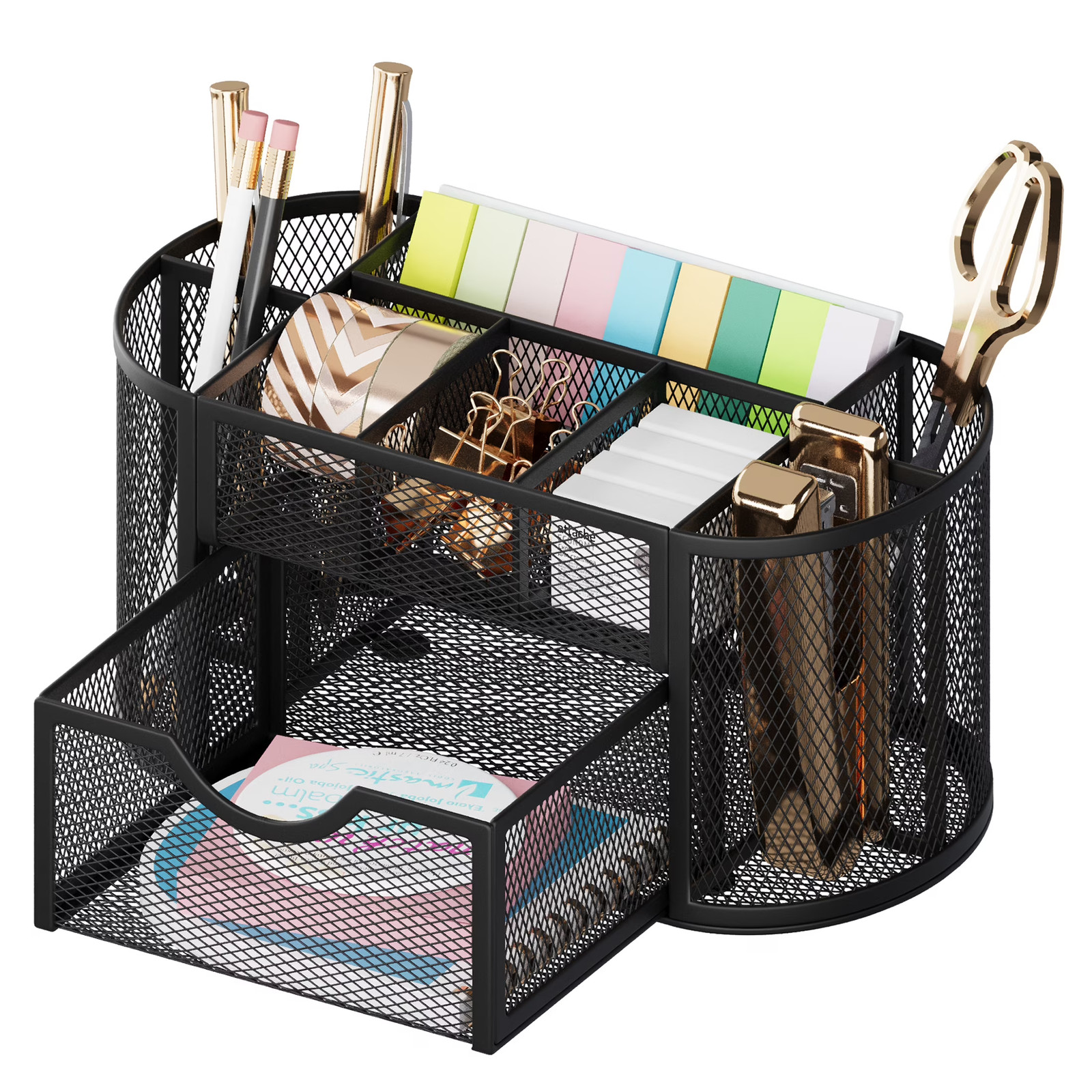 GARITIN Black Mesh Desk Organizer Pen Holder with Drawers