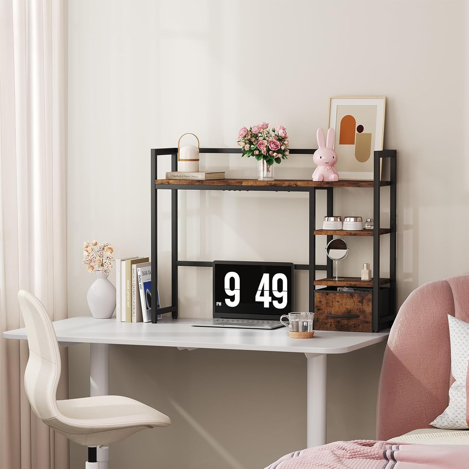 Marbrasse Desk Shelf with Drawer, 40″ 40″L × 9.5″W × 29.5″H, Dark Brown
