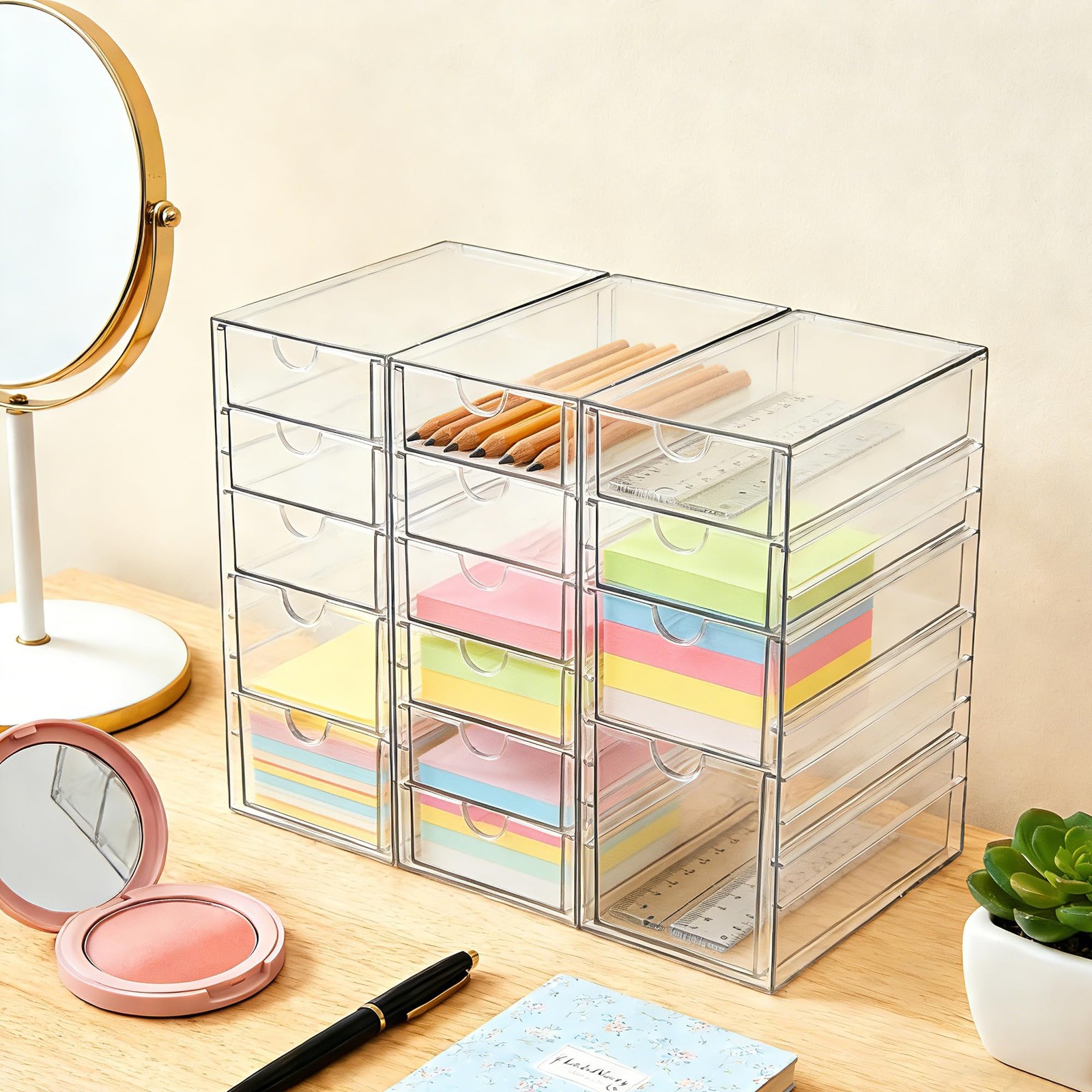 Prsildan Acrylic Drawer Organizer with 15 Drawers, Makeup Craft Transparent