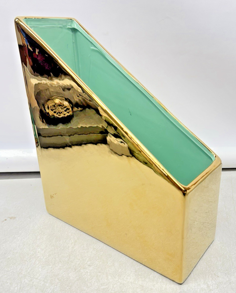 Gold Brass Tone Ceramic Magazine File Desktop Organizer Holder 10 Straweberry St