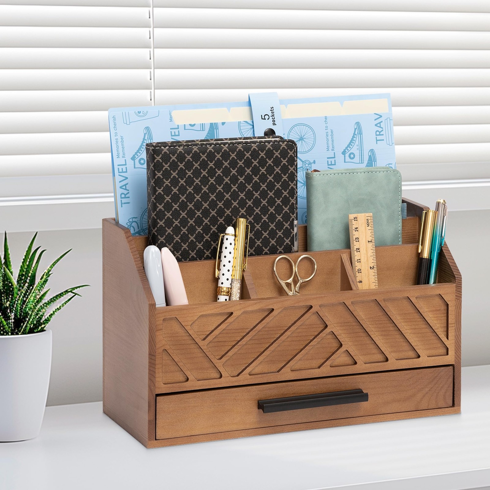 dreampossible Brown Wood Desk Organizer and Accessories with Drawer, A