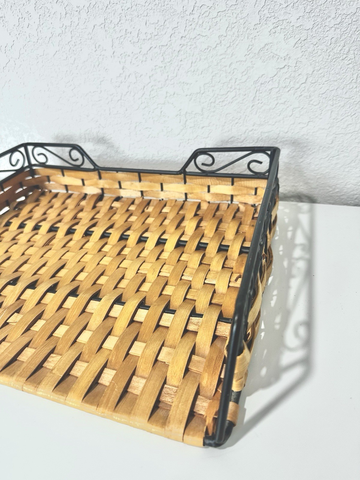 Letter Holder Wicker and Black Metal Desktop Tray Organizer Rustic