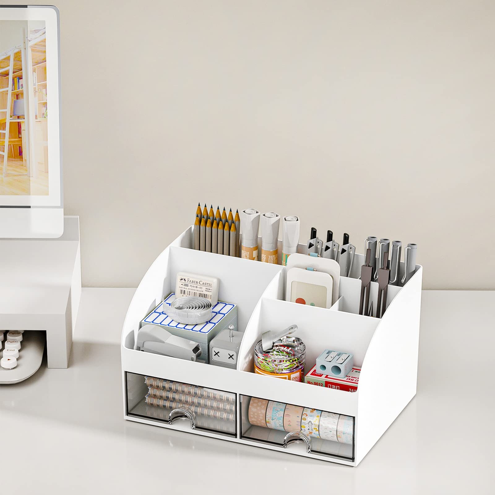 COMFYROOM Desk Organizer, 6 Compartments, 2 Drawers, White, 2~Pack