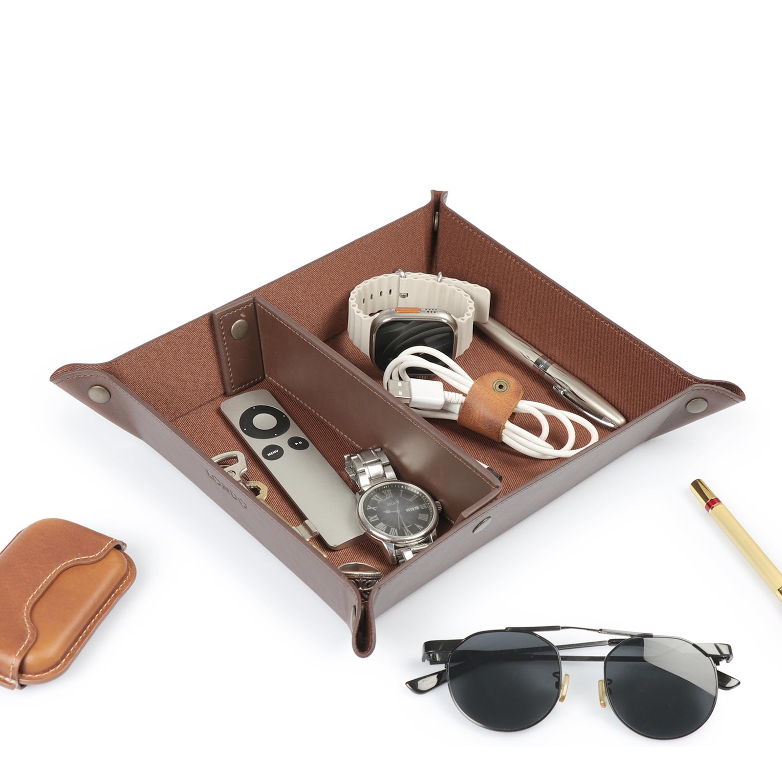 PU Vegan Leather Valet Tray 9.45 X 7.87 in for Keys, Wallet, Watch – EDC