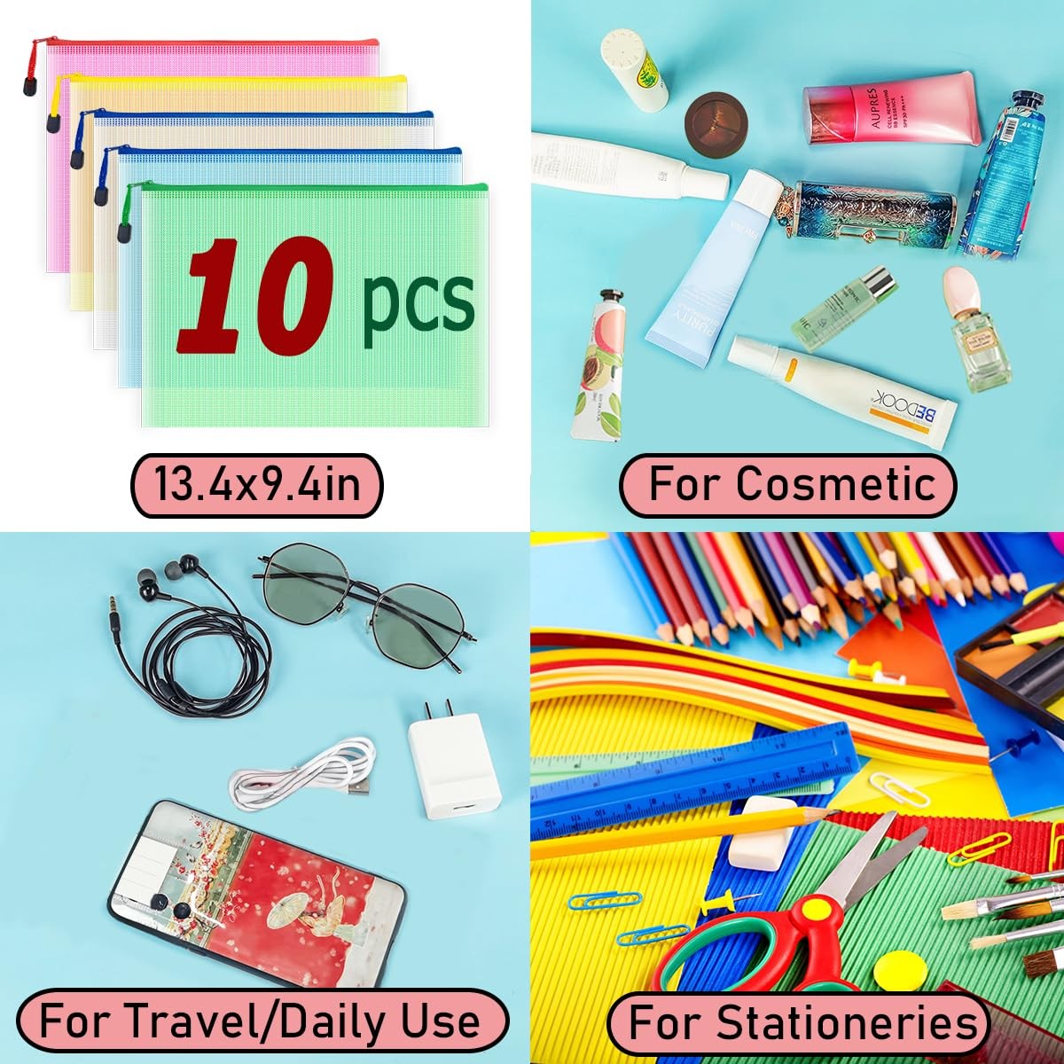 10 Pcs Zipper File Bags, Waterproof Plastic Mesh Pouch for Office School, Boa…