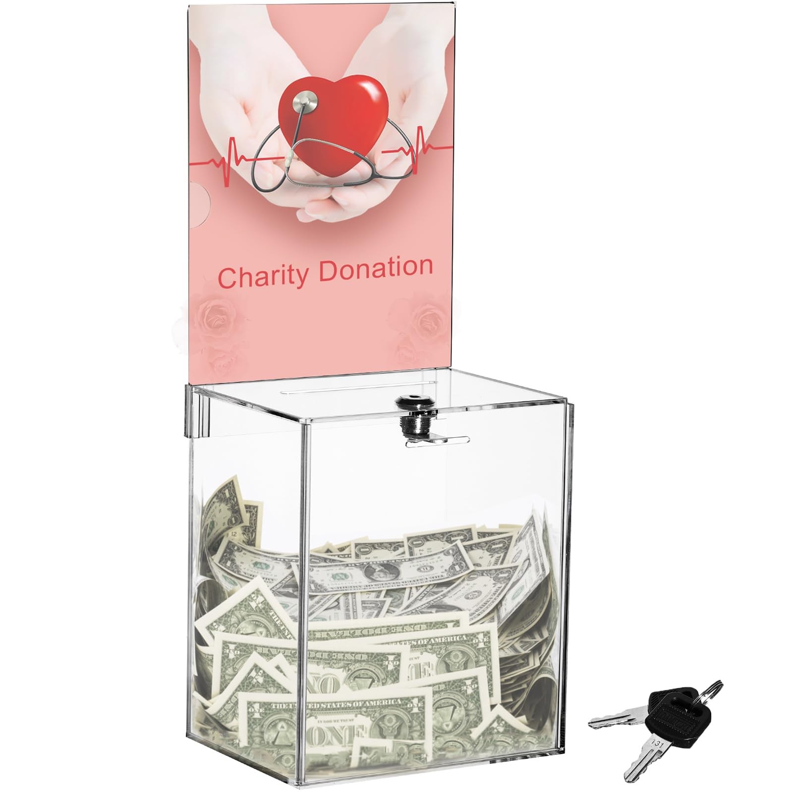 Youeon Large Acrylic Donation Box with Lock, 6.7 x 5 x 16 in Clear