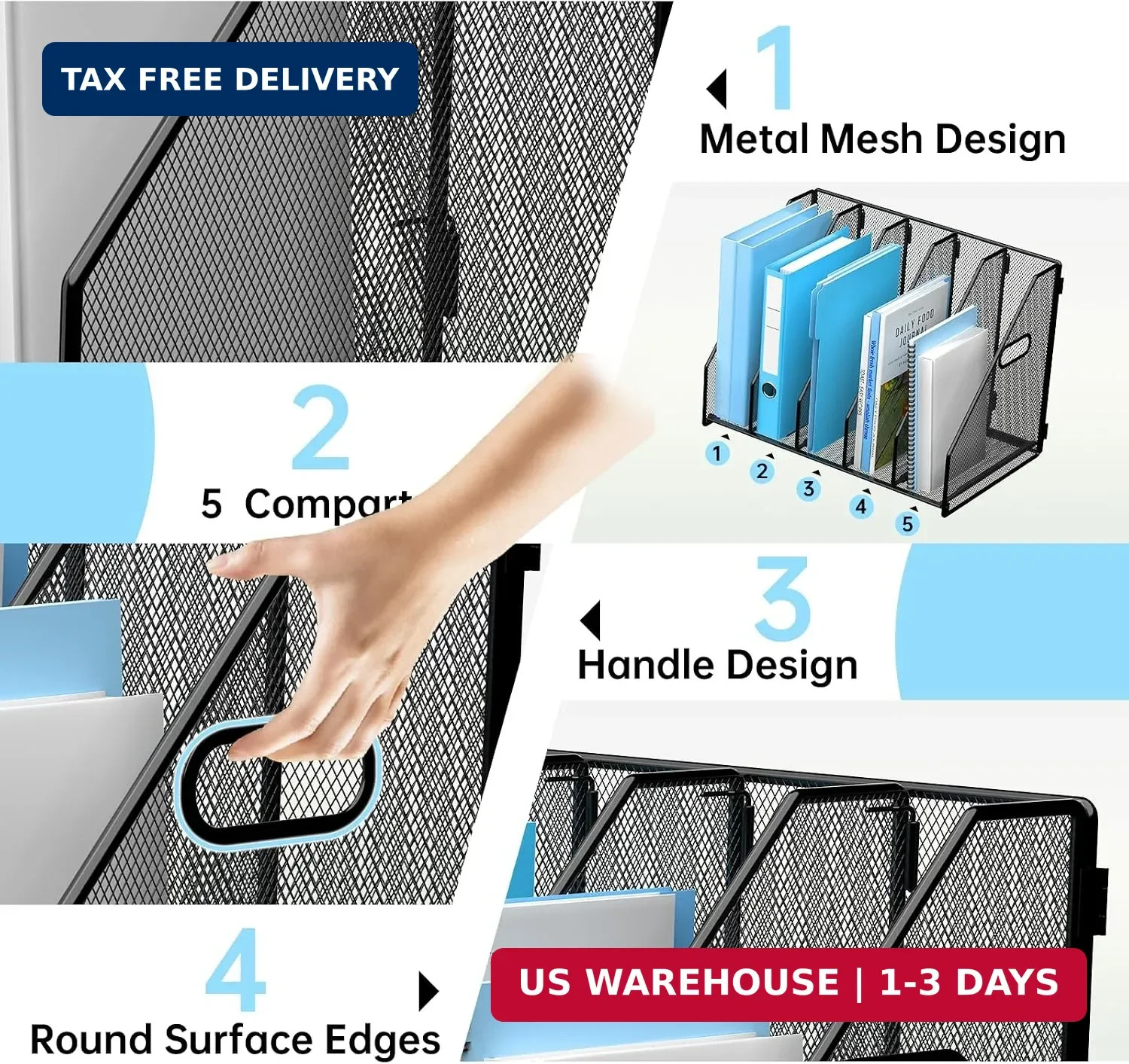 MINDEPOT Desk File Organizer Metal Desk Magazine Folder Holder with 5 Vertical C