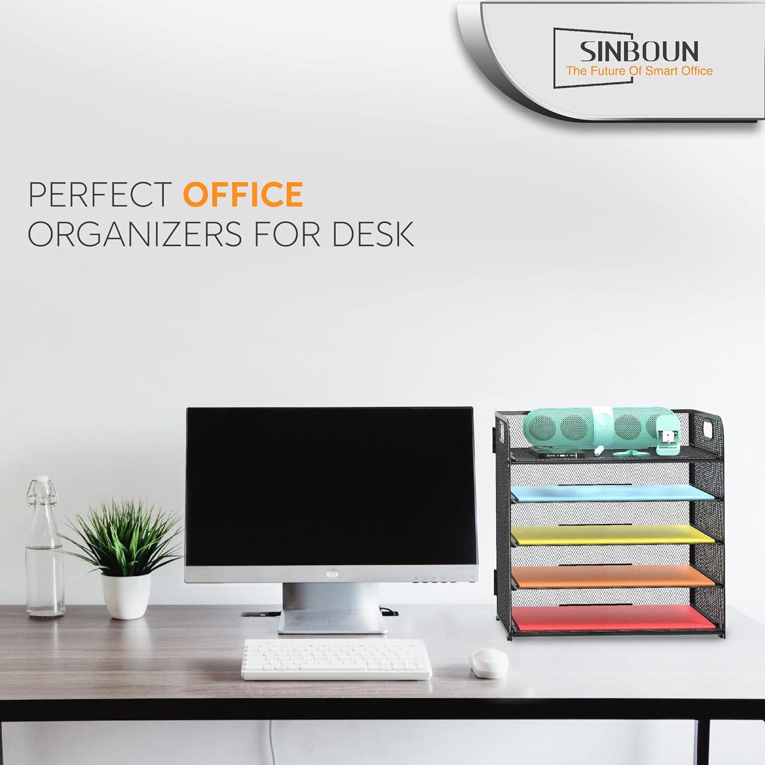 5-Tier Metal Letter Tray Organizer with Handle – Black Desktop File Holder
