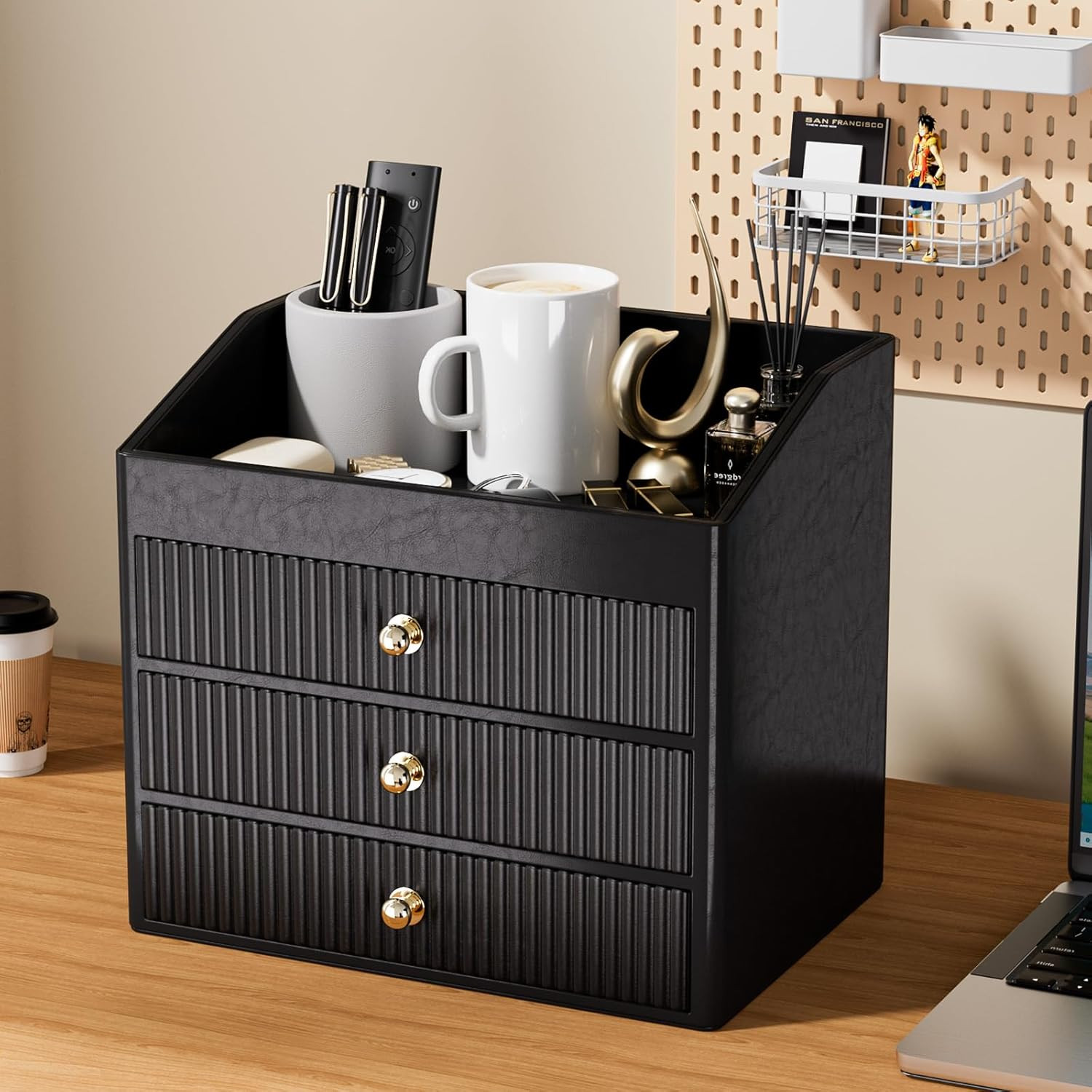 Black Vegan Leather Desk Organizer with 3 Drawers for Makeup & Accessories