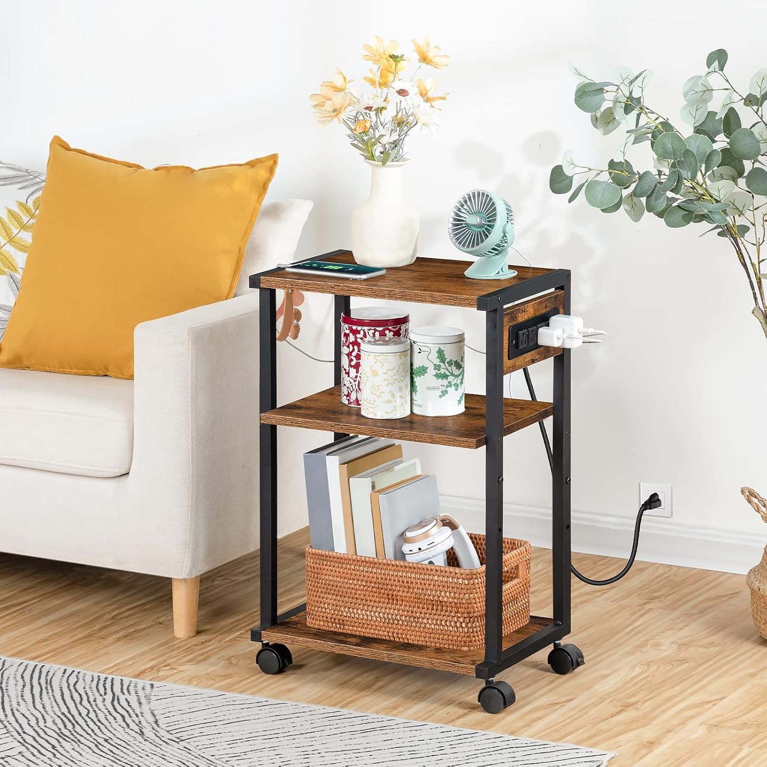 HOOBRO Industrial Printer Stand with Charging Station, Rustic Brown + Black
