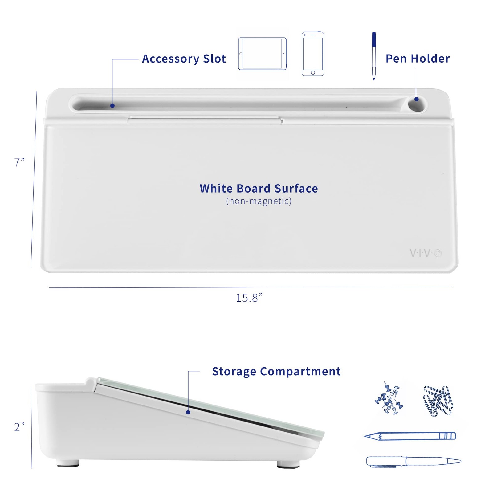 VIVO Glass 16 x 7 inch Dry Erase Board with Storage, 16″W x 7″H, White