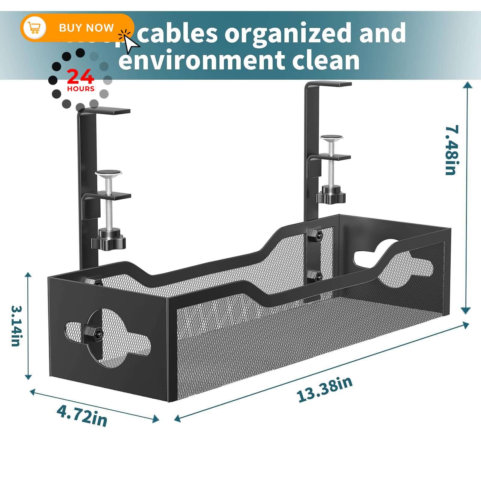 Under Desk Cable Management Tray No Drill, Metal Mesh 13.38″, Black