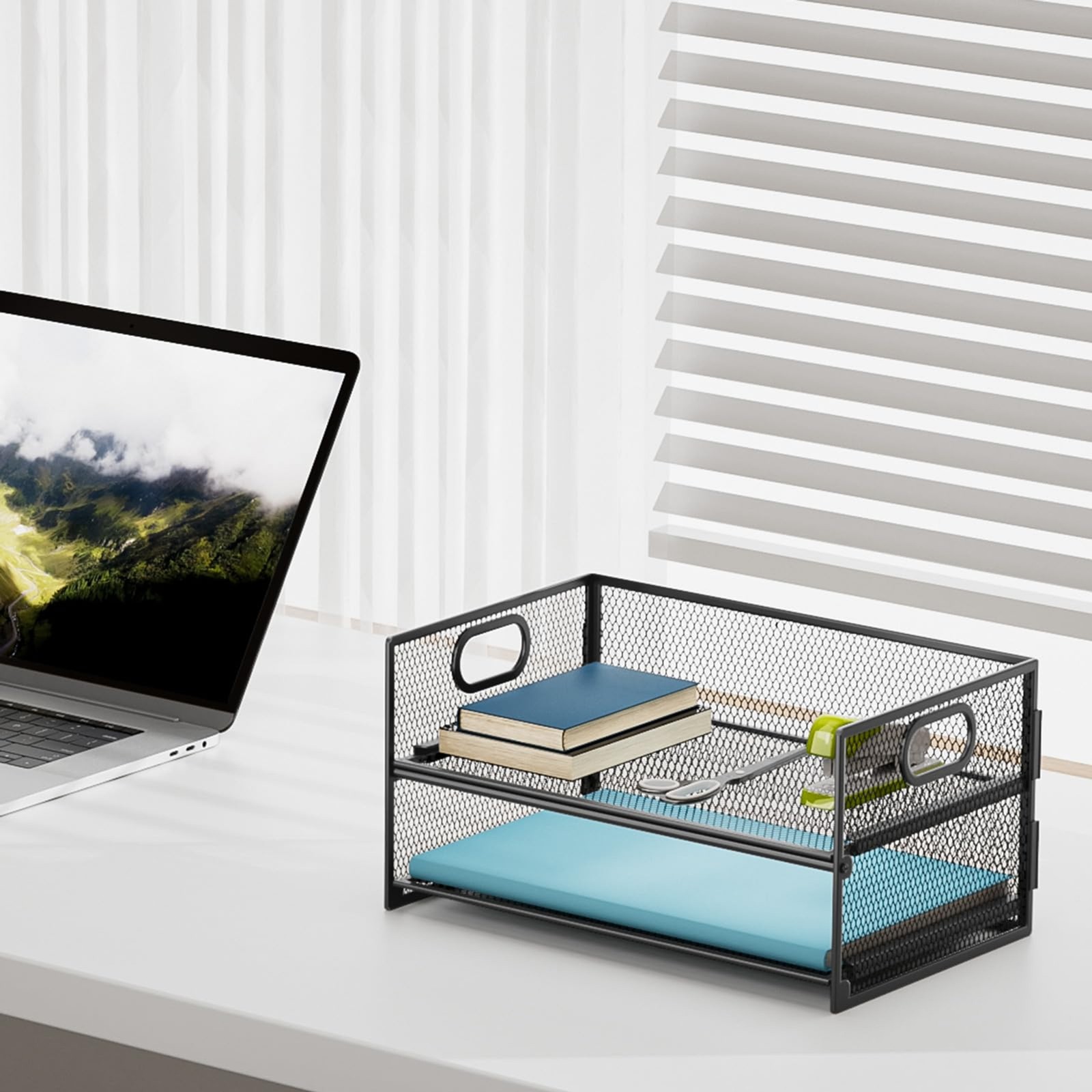 Marbrasse 2 Tier Paper Organizer Letter Tray, Mesh File Organizer with Handle, P
